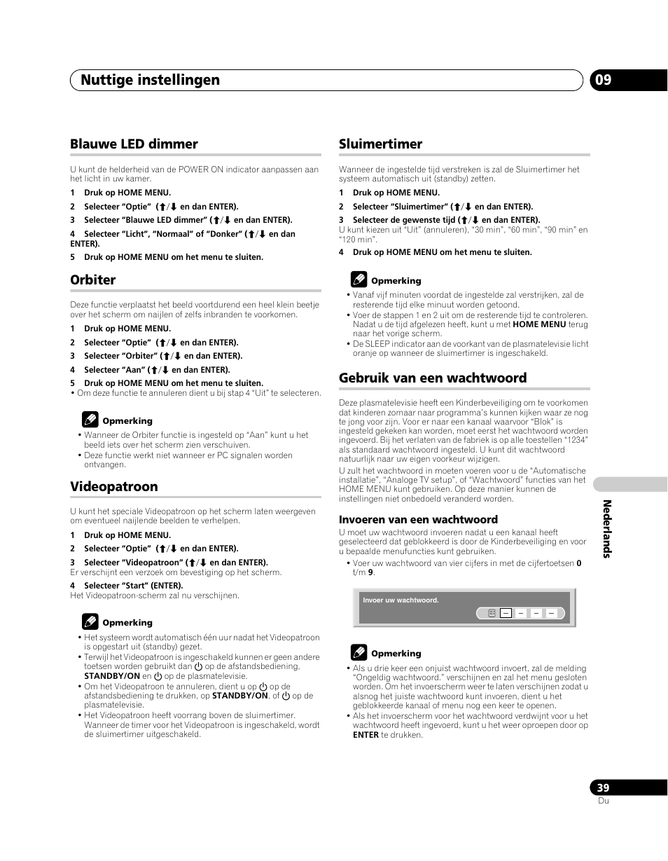 Blauwe led dimmer, Orbiter, Videopatroon | Sluimertimer, Gebruik van een wachtwoord, Nuttige instellingen 09 | Pioneer PDP-5080XA User Manual | Page 279 / 362