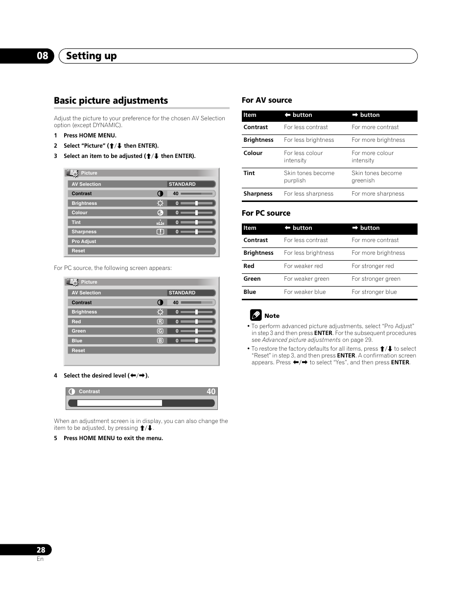 Basic picture adjustments, Setting up 08, For av source for pc source | Pioneer PDP-5080XA User Manual | Page 28 / 362