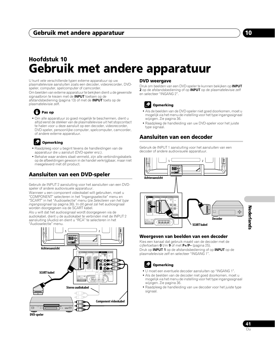10 gebruik met andere apparatuur, Aansluiten van een dvd-speler, Aansluiten van een decoder | Gebruik met andere apparatuur, Gebruik met andere apparatuur 10, Hoofdstuk 10 | Pioneer PDP-5080XA User Manual | Page 281 / 362