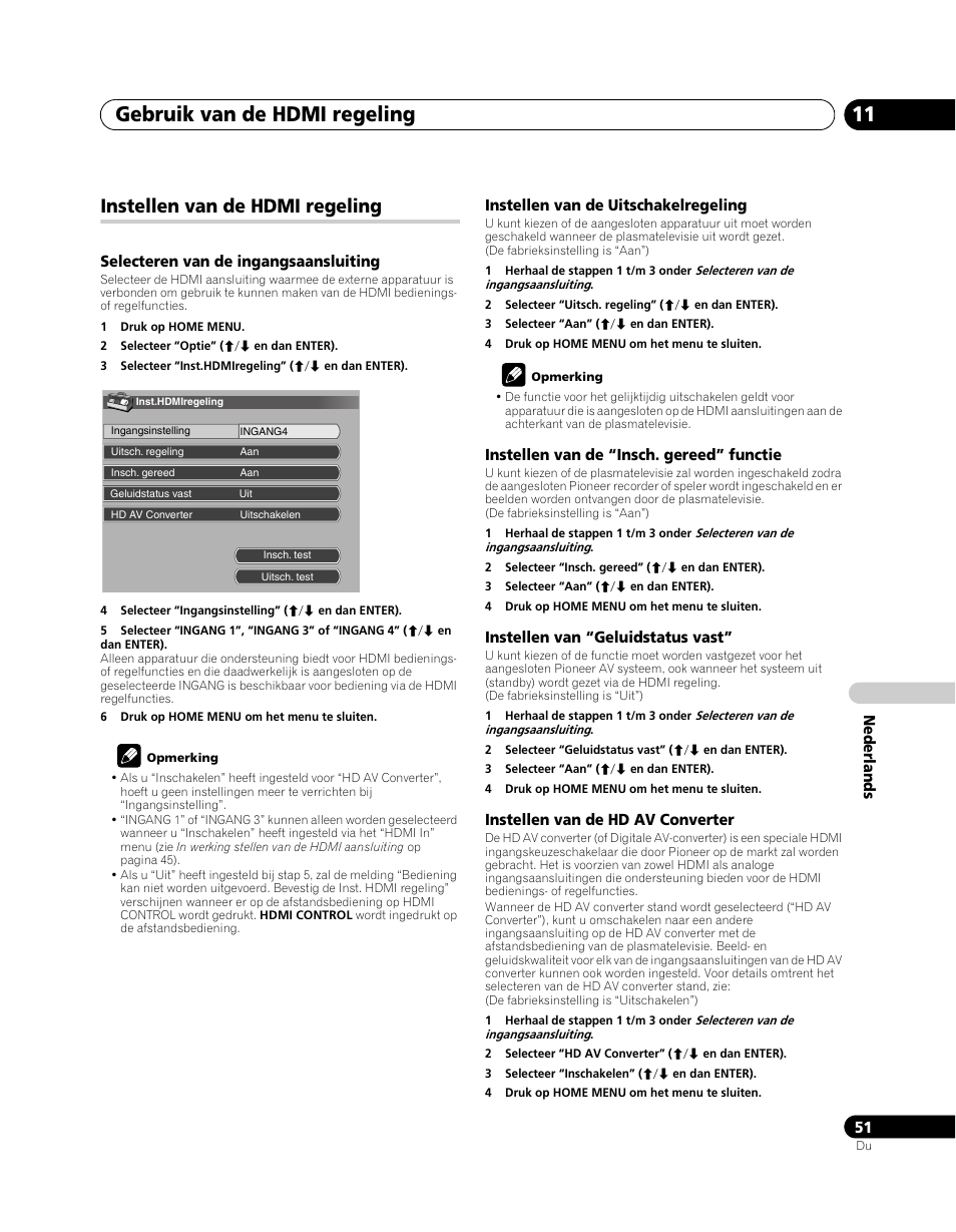 Instellen van de hdmi regeling, Gebruik van de hdmi regeling 11 | Pioneer PDP-5080XA User Manual | Page 291 / 362