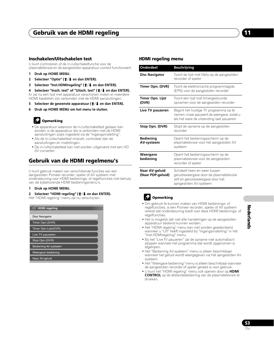 Gebruik van de hdmi regelmenu’s, Gebruik van de hdmi regeling 11 | Pioneer PDP-5080XA User Manual | Page 293 / 362