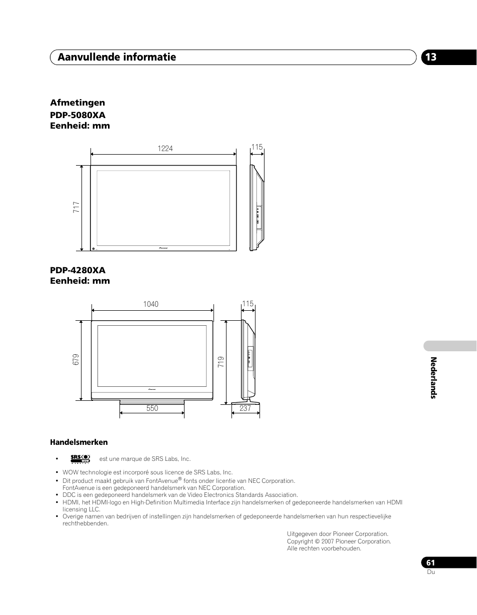 Aanvullende informatie 13 | Pioneer PDP-5080XA User Manual | Page 301 / 362