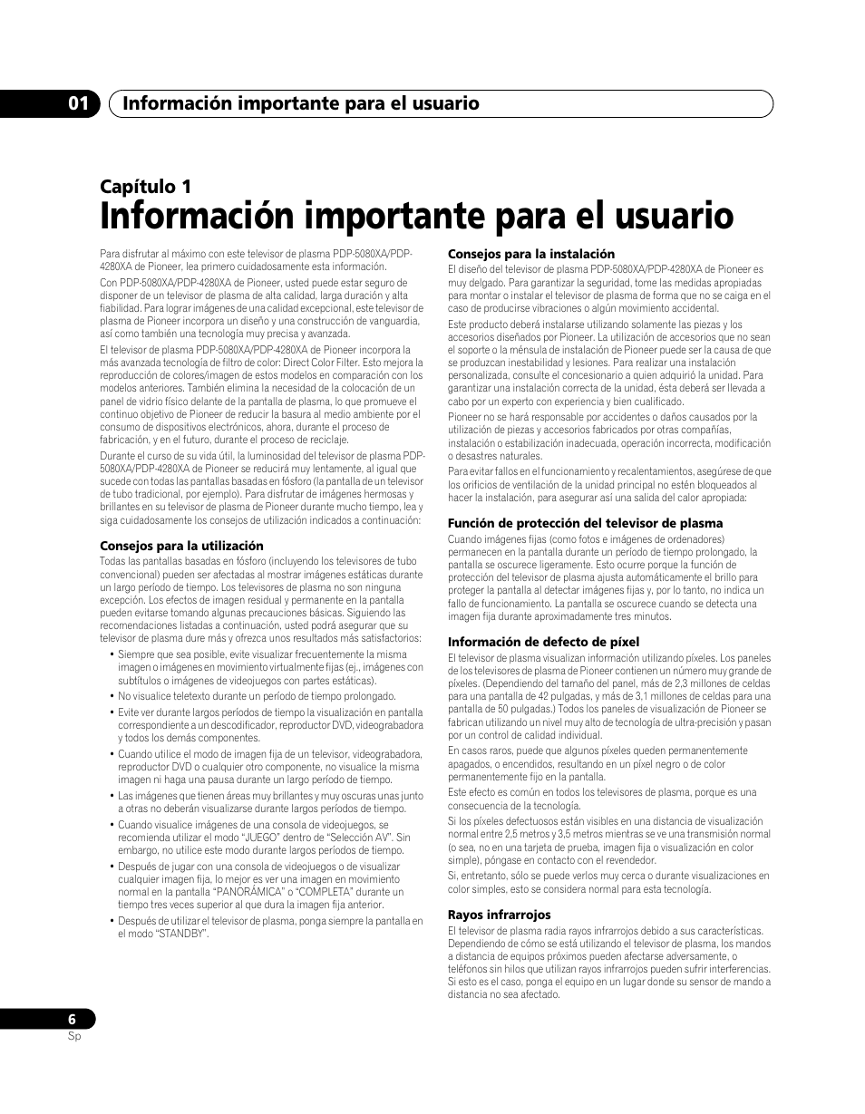 01 información importante para el, Usuario, Información importante para el usuario | Información importante para el usuario 01, Capítulo 1 | Pioneer PDP-5080XA User Manual | Page 306 / 362