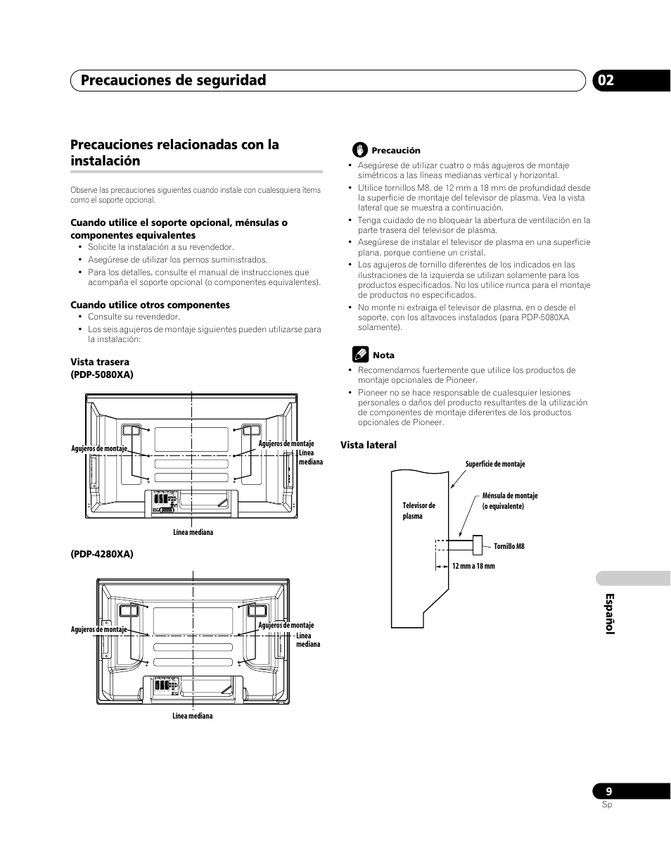 Precauciones relacionadas con la instalación, Precauciones de seguridad 02 | Pioneer PDP-5080XA User Manual | Page 309 / 362