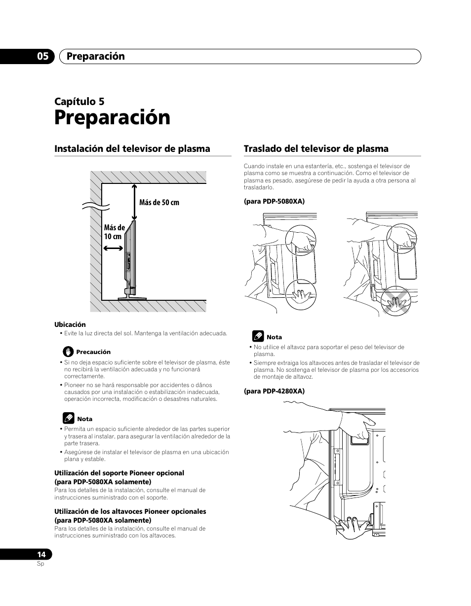 05 preparación, Instalación del televisor de plasma, Traslado del televisor de plasma | Preparación, Preparación 05, Capítulo 5 | Pioneer PDP-5080XA User Manual | Page 314 / 362