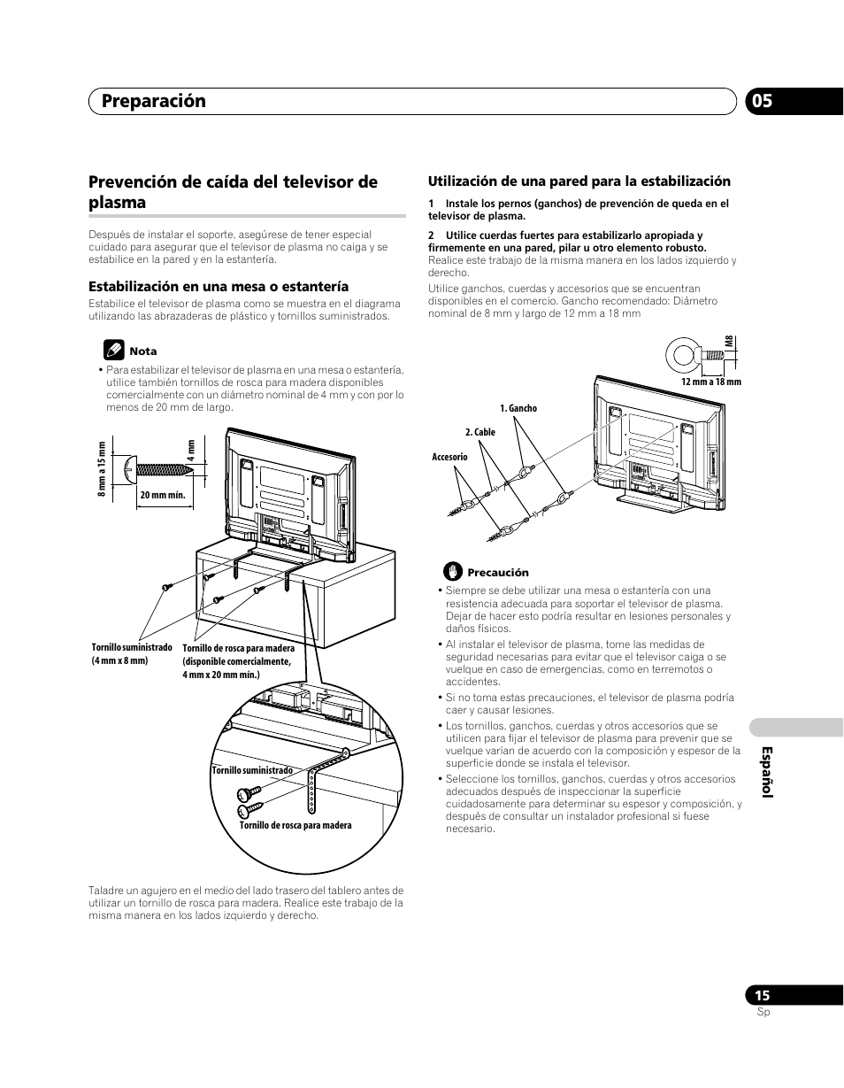 Prevención de caída del televisor de plasma, Preparación 05 | Pioneer PDP-5080XA User Manual | Page 315 / 362