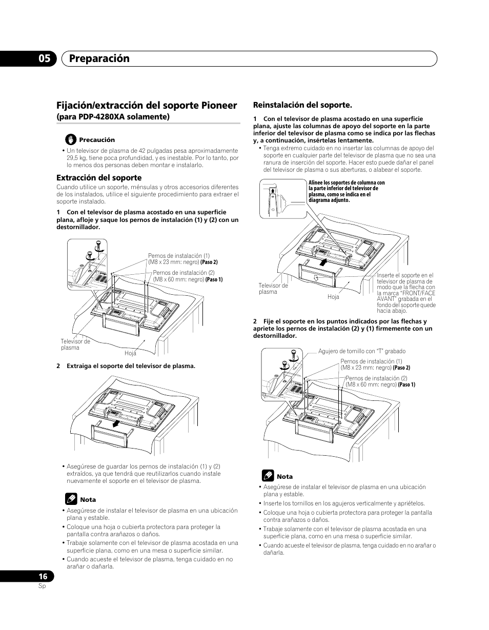 Fijación/extracción del soporte pioneer, Para pdp-4280xa solamente), Preparación 05 | Pioneer PDP-5080XA User Manual | Page 316 / 362