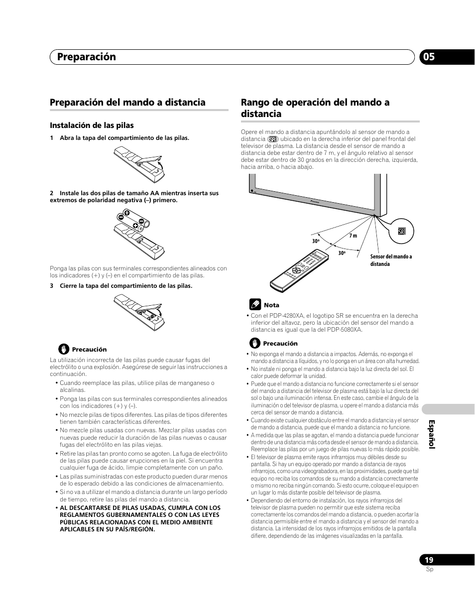 Preparación del mando a distancia, Rango de operación del mando a distancia, Preparación 05 | Pioneer PDP-5080XA User Manual | Page 319 / 362
