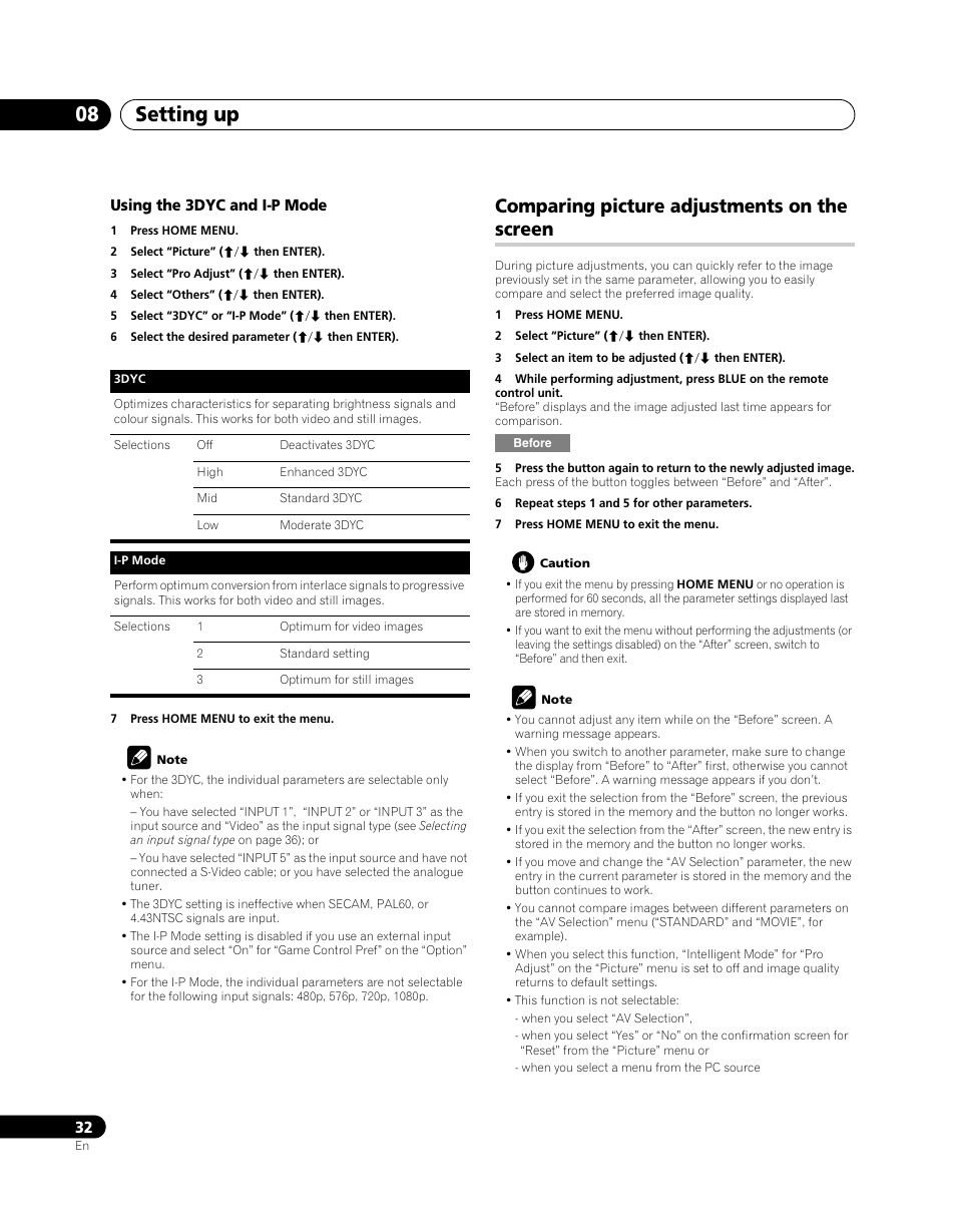 Comparing picture adjustments on the screen, Setting up 08 | Pioneer PDP-5080XA User Manual | Page 32 / 362