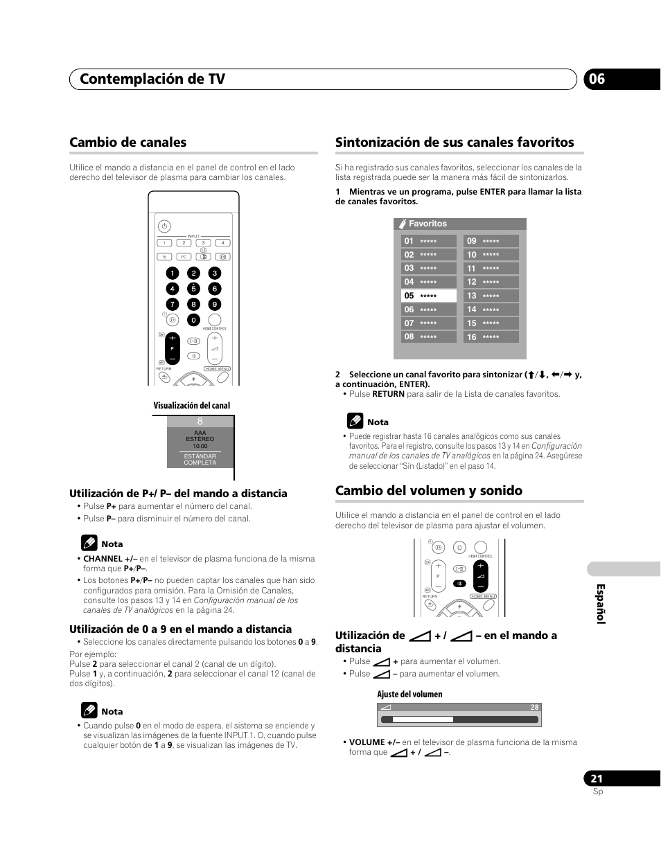 Cambio de canales, Sintonización de sus canales favoritos, Cambio del volumen y sonido | Contemplación de tv 06 | Pioneer PDP-5080XA User Manual | Page 321 / 362