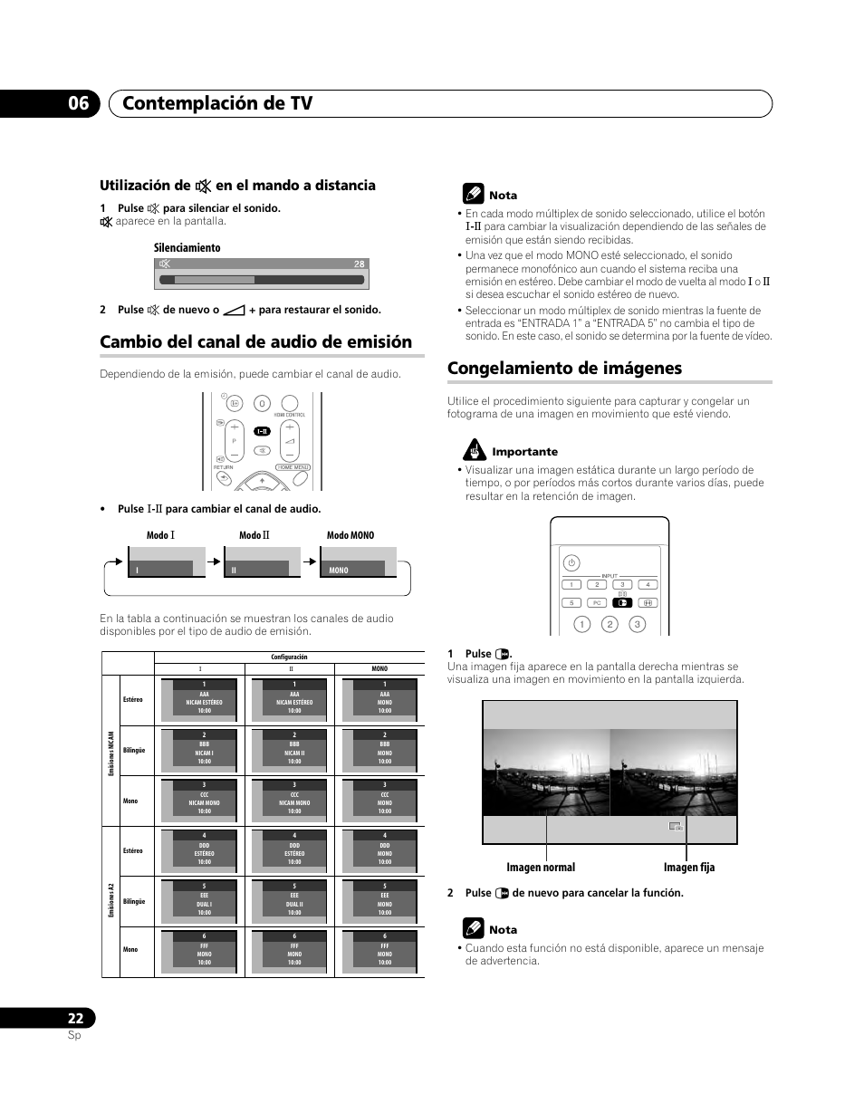 Cambio del canal de audio de emisión, Congelamiento de imágenes, Contemplación de tv 06 | Utilización de e en el mando a distancia, Silenciamiento, Imagen normal imagen fija | Pioneer PDP-5080XA User Manual | Page 322 / 362