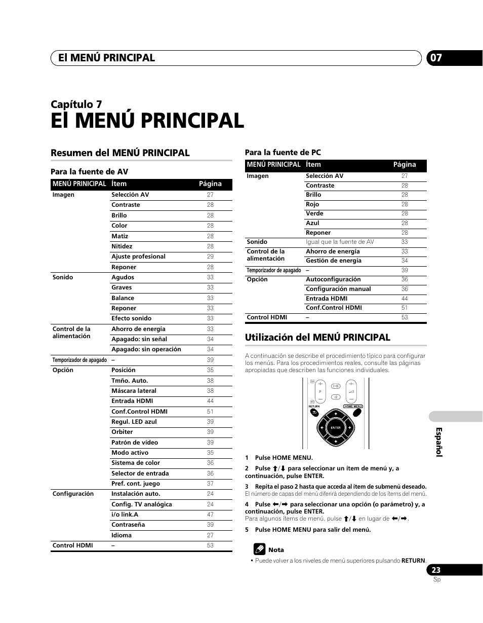 07 el menú principal, Resumen del menú principal, Utilización del menú principal | El menú principal, El menú principal 07, Capítulo 7 | Pioneer PDP-5080XA User Manual | Page 323 / 362