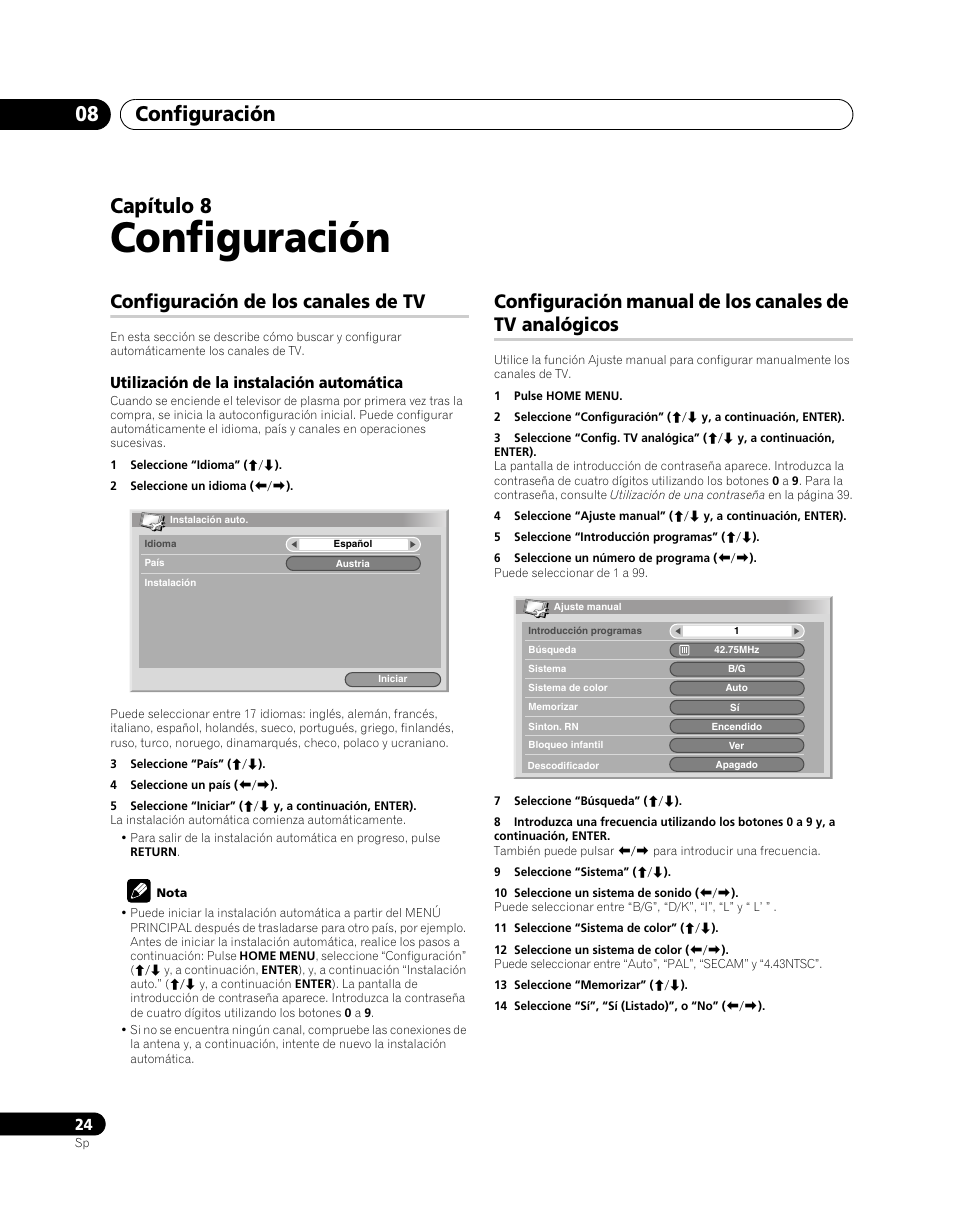 08 configuración, Configuración de los canales de tv, Configuración manual de los canales de tv | Analógicos, Configuración, Configuración 08, Capítulo 8 | Pioneer PDP-5080XA User Manual | Page 324 / 362