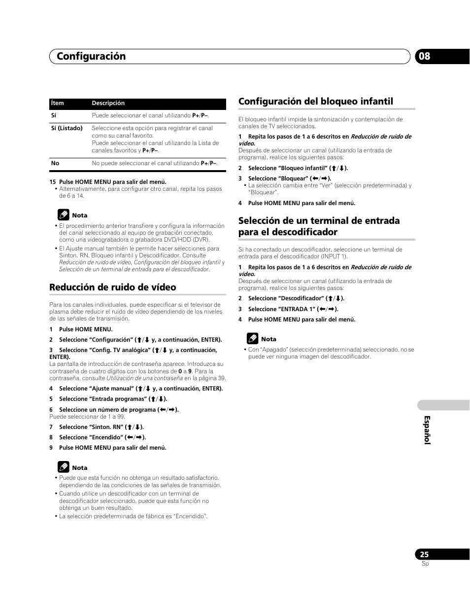 Reducción de ruido de vídeo, Configuración del bloqueo infantil, Selección de un terminal de entrada para el | Descodificador, Configuración 08 | Pioneer PDP-5080XA User Manual | Page 325 / 362