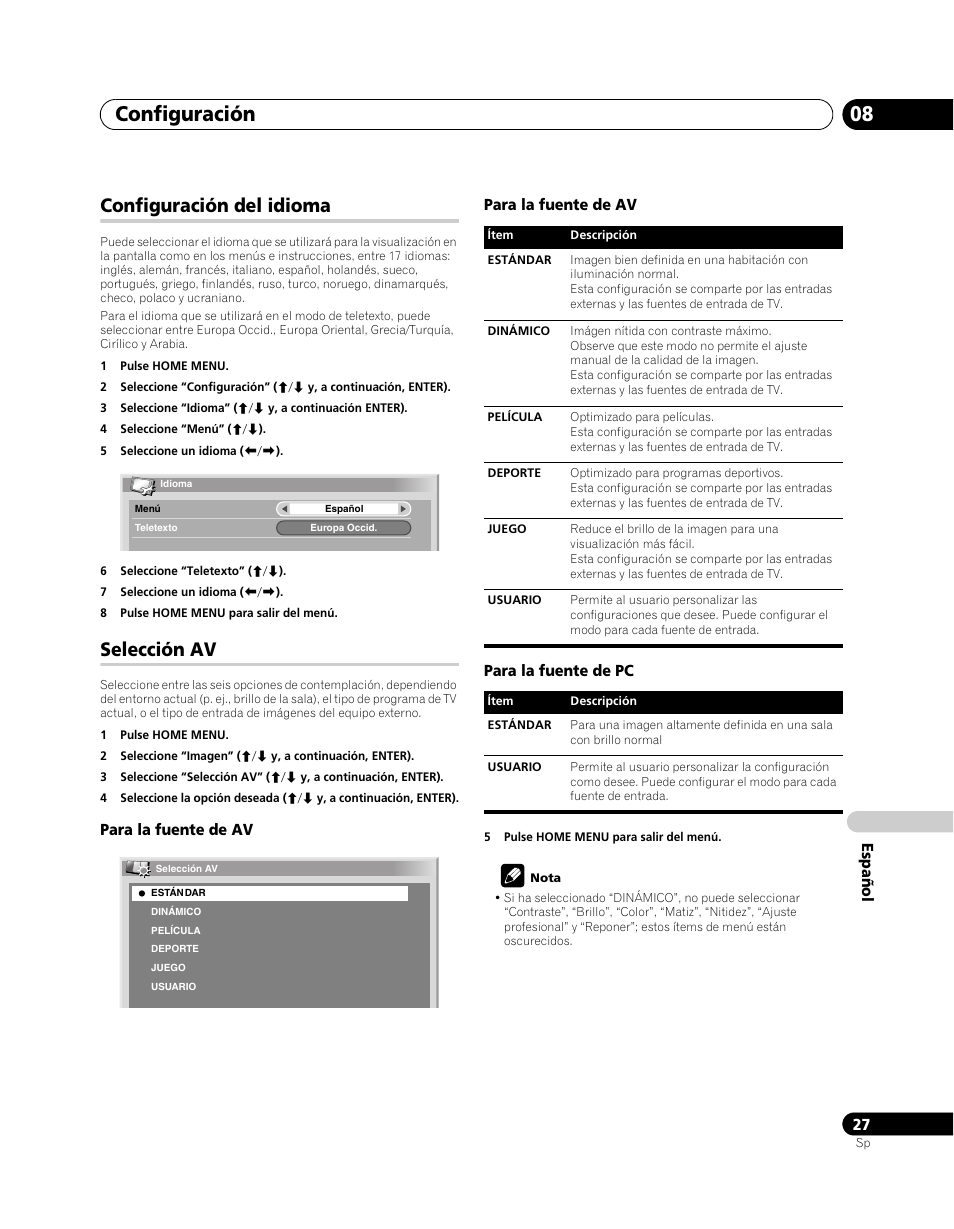 Configuración del idioma, Selección av, Configuración 08 | Pioneer PDP-5080XA User Manual | Page 327 / 362