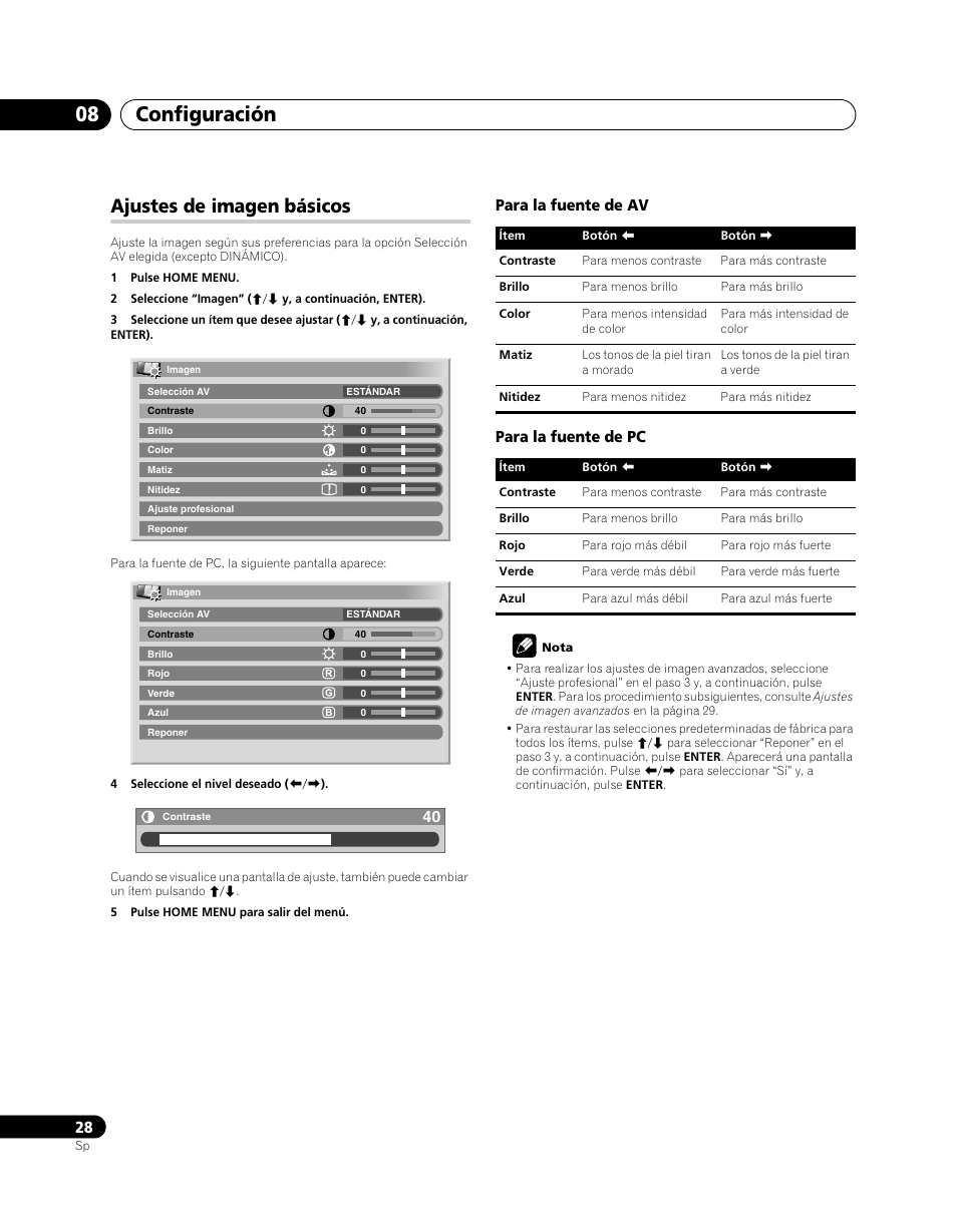 Ajustes de imagen básicos, Configuración 08, Para la fuente de av para la fuente de pc | Pioneer PDP-5080XA User Manual | Page 328 / 362