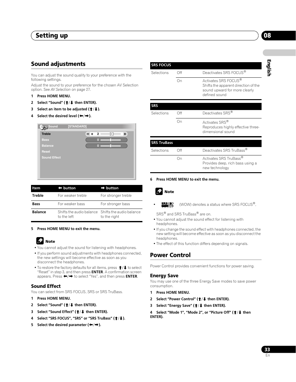 Sound adjustments, Power control, Setting up 08 | Pioneer PDP-5080XA User Manual | Page 33 / 362