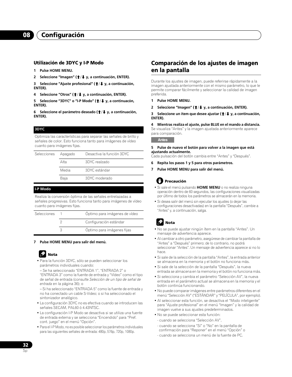 Comparación de los ajustes de imagen en la, Pantalla, Configuración 08 | Pioneer PDP-5080XA User Manual | Page 332 / 362