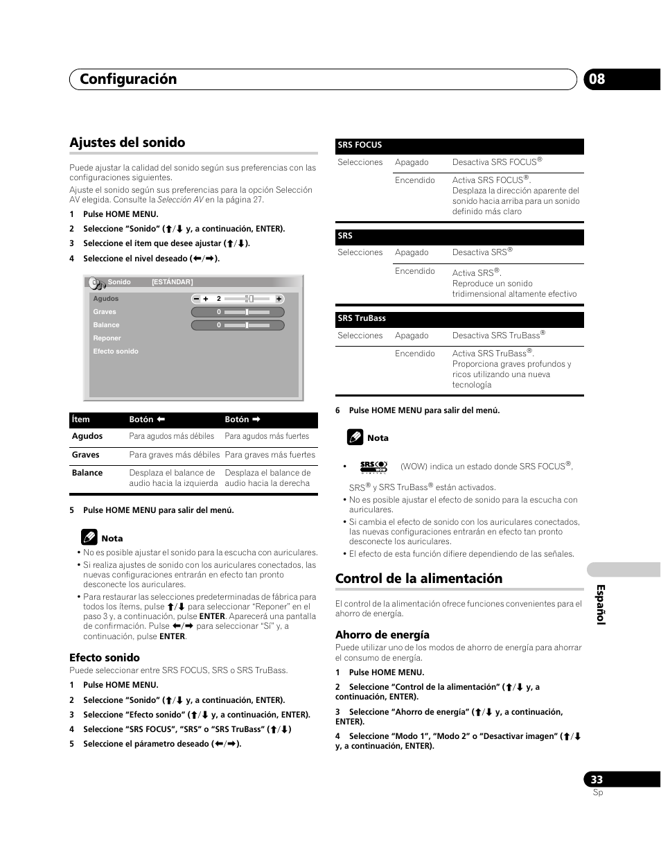 Ajustes del sonido, Control de la alimentación, Configuración 08 | Pioneer PDP-5080XA User Manual | Page 333 / 362