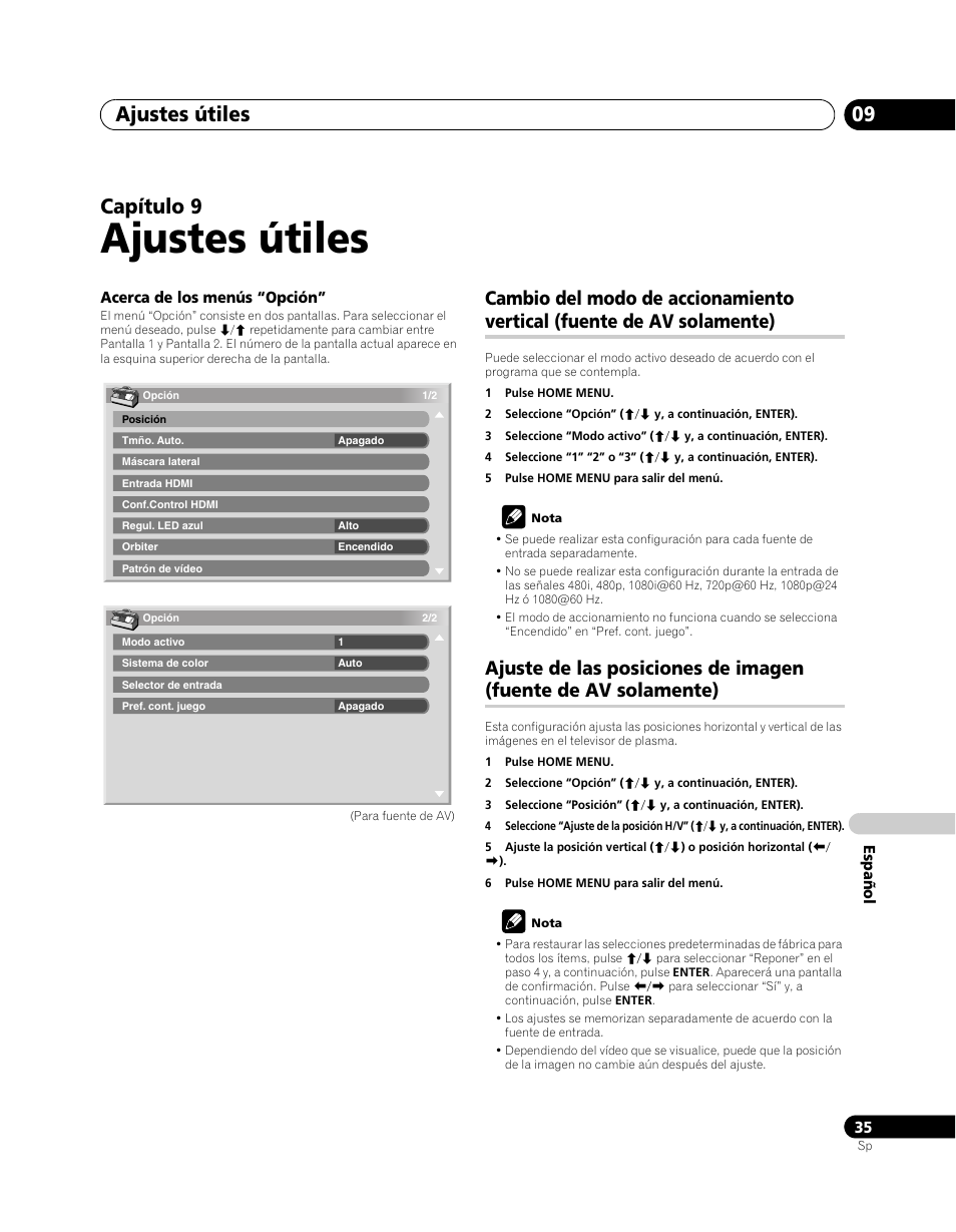 09 ajustes útiles, Cambio del modo de accionamiento vertical, Fuente de av solamente) | Ajuste de las posiciones de imagen, Ajustes útiles, Ajustes útiles 09, Capítulo 9 | Pioneer PDP-5080XA User Manual | Page 335 / 362
