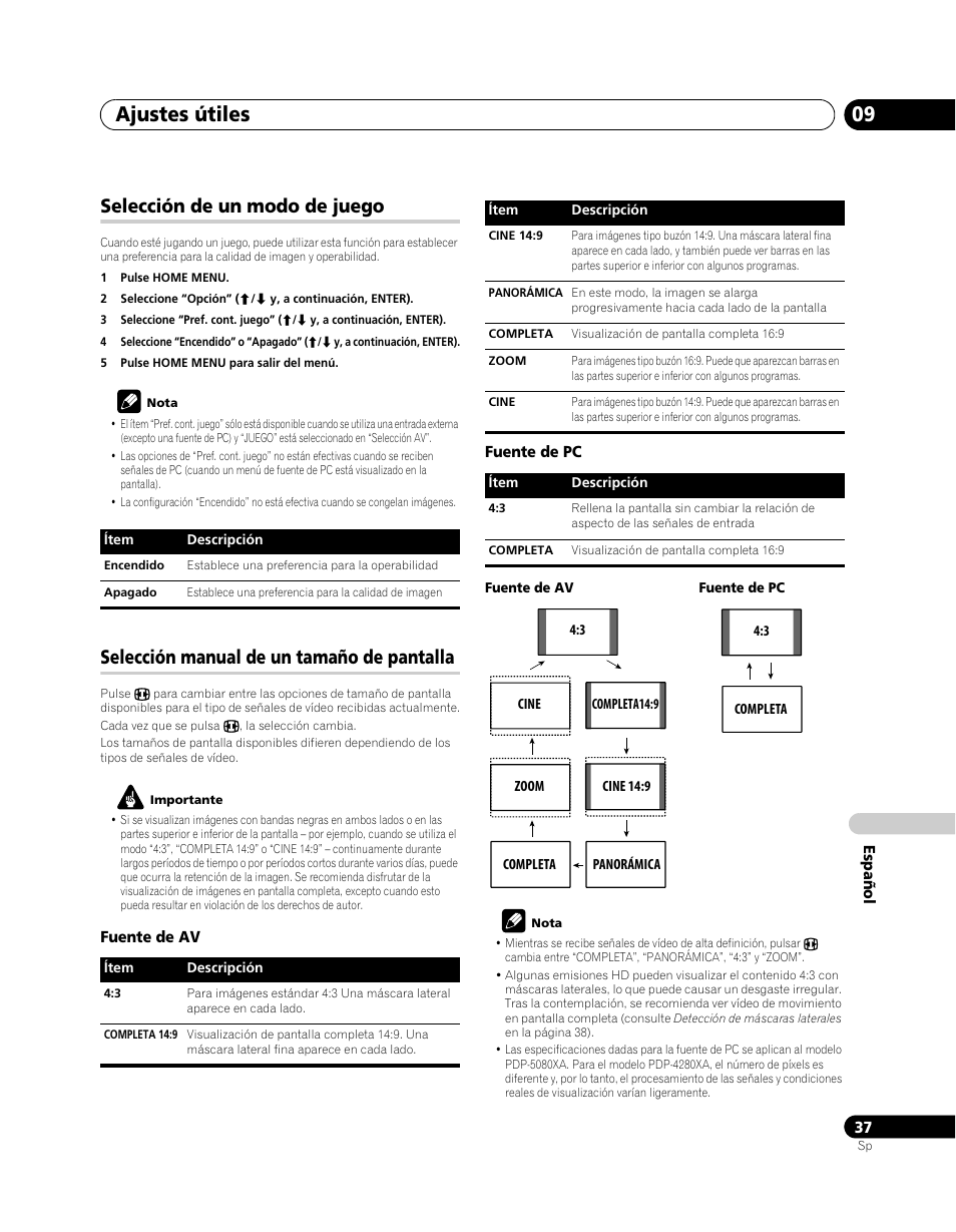 Selección de un modo de juego, Selección manual de un tamaño de pantalla, Ajustes útiles 09 | Pioneer PDP-5080XA User Manual | Page 337 / 362