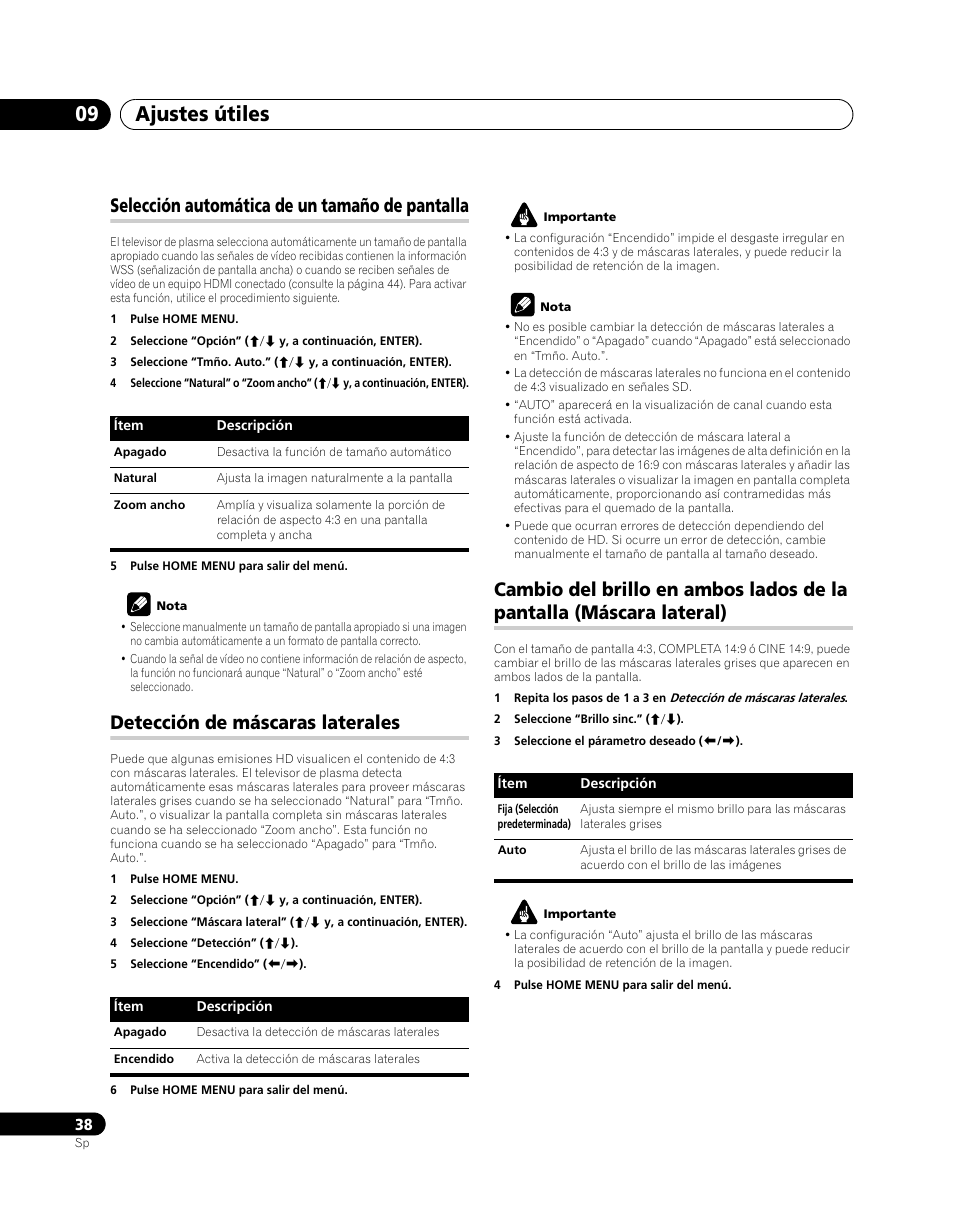 Selección automática de un tamaño de pantalla, Detección de máscaras laterales, Cambio del brillo en ambos lados de la pantalla | Máscara lateral), Ajustes útiles 09 | Pioneer PDP-5080XA User Manual | Page 338 / 362