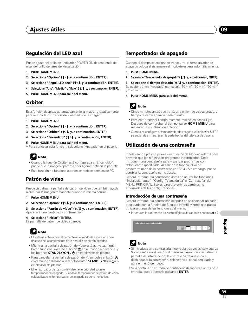 Regulación del led azul, Orbiter, Patrón de vídeo | Temporizador de apagado, Utilización de una contraseña, Ajustes útiles 09 | Pioneer PDP-5080XA User Manual | Page 339 / 362