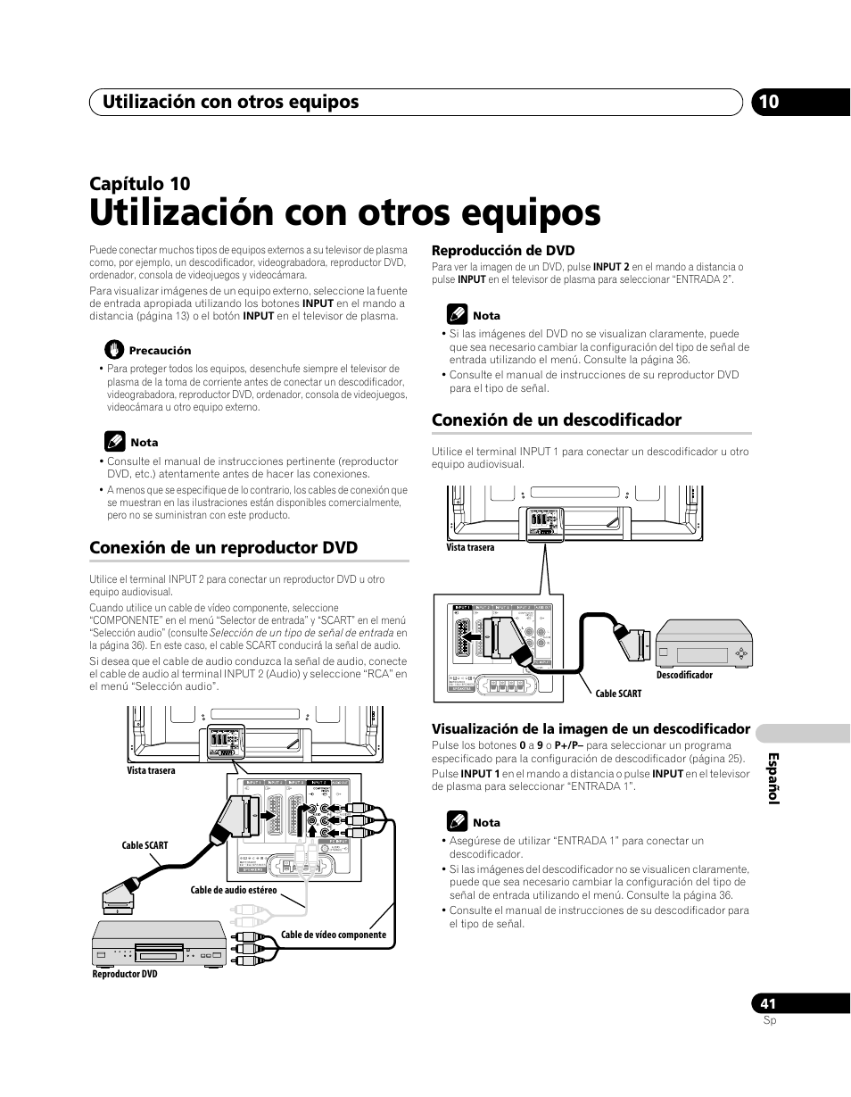 10 utilización con otros equipos, Conexión de un reproductor dvd, Conexión de un descodificador | Utilización con otros equipos, Utilización con otros equipos 10, Capítulo 10 | Pioneer PDP-5080XA User Manual | Page 341 / 362