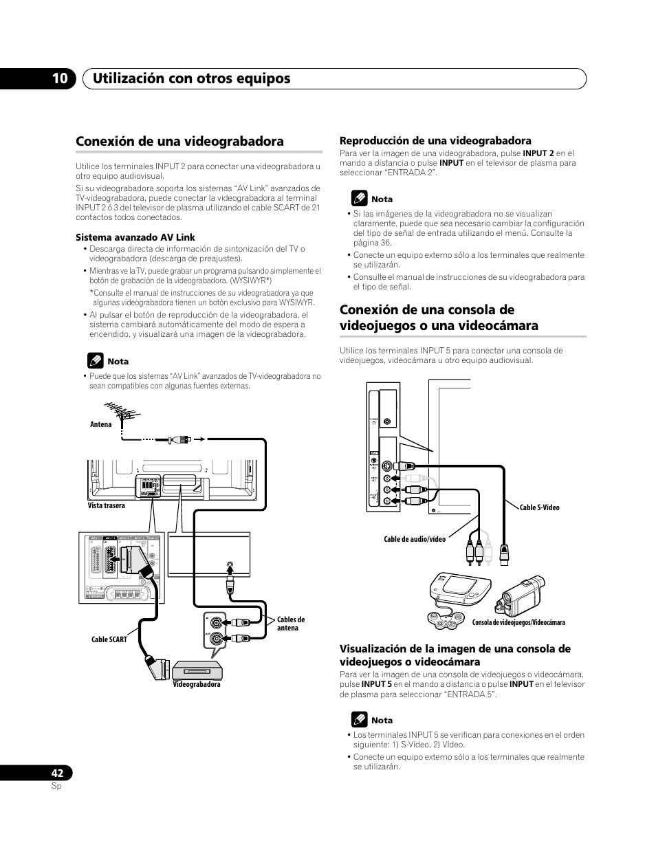 Conexión de una videograbadora, Conexión de una consola de videojuegos o una, Videocámara | Utilización con otros equipos 10 | Pioneer PDP-5080XA User Manual | Page 342 / 362