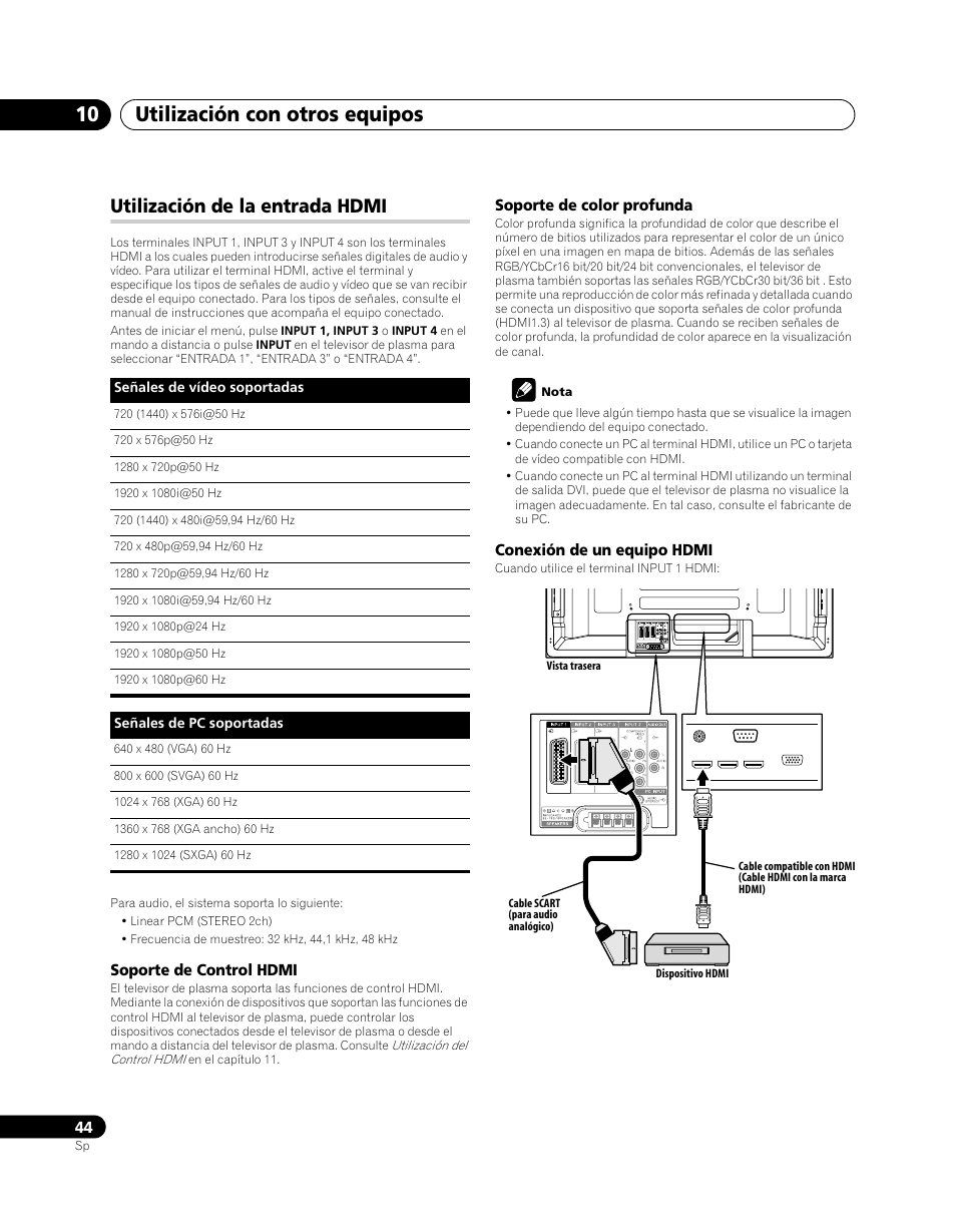 Utilización de la entrada hdmi, Utilización con otros equipos 10 | Pioneer PDP-5080XA User Manual | Page 344 / 362