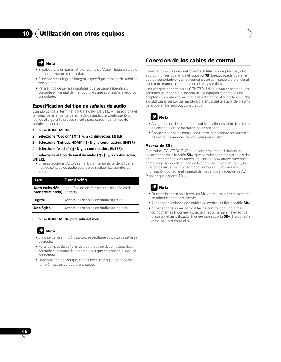 Conexión de los cables de control, Utilización con otros equipos 10 | Pioneer PDP-5080XA User Manual | Page 346 / 362