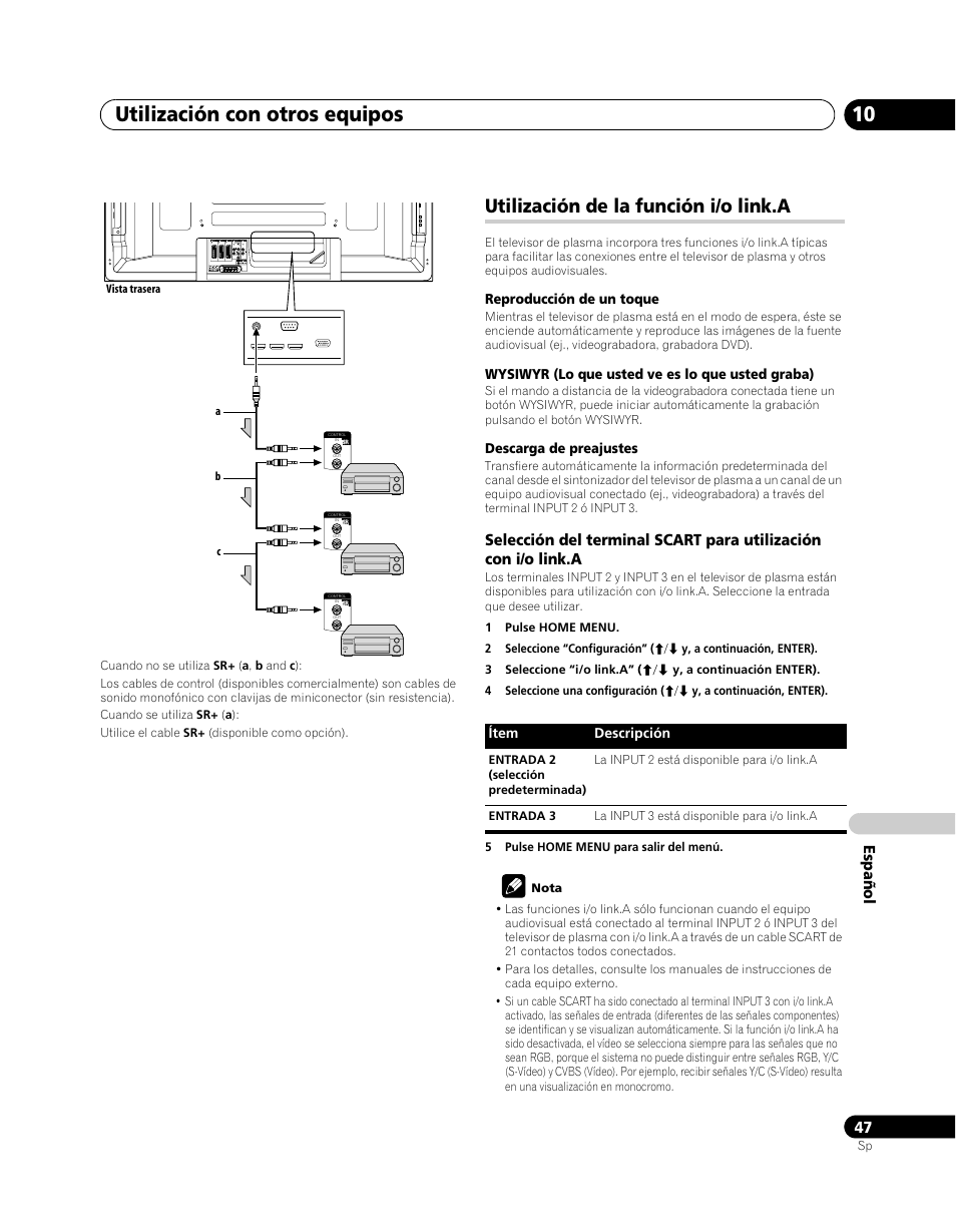 Utilización de la función i/o link.a, Utilización con otros equipos 10, Esp a ñol | Pioneer PDP-5080XA User Manual | Page 347 / 362