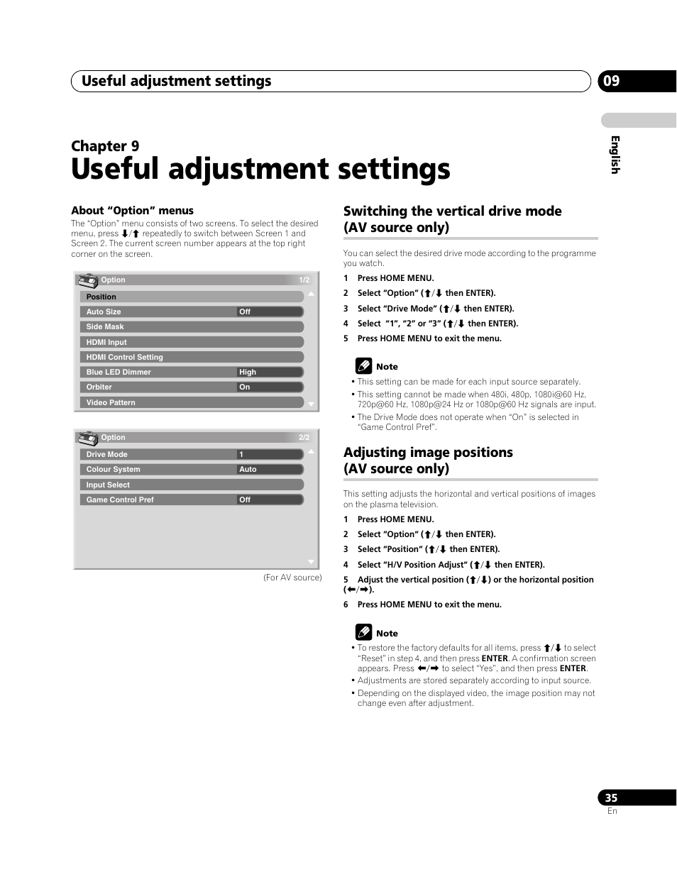 09 useful adjustment settings, Switching the vertical drive mode, Av source only) | Adjusting image positions, Useful adjustment settings, Useful adjustment settings 09, Chapter 9, Switching the vertical drive mode (av source only), Adjusting image positions (av source only) | Pioneer PDP-5080XA User Manual | Page 35 / 362