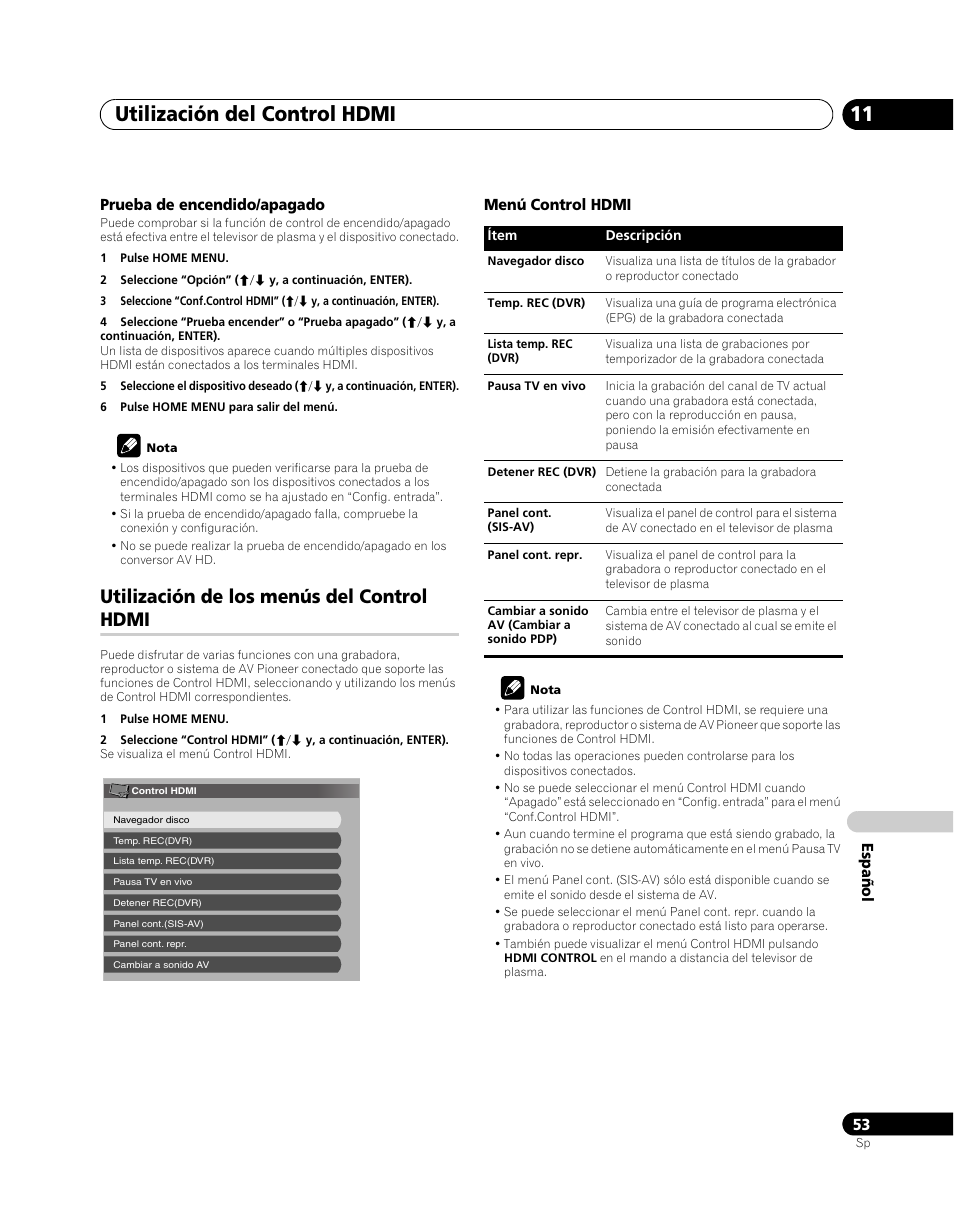 Utilización de los menús del control hdmi, Utilización del control hdmi 11 | Pioneer PDP-5080XA User Manual | Page 353 / 362