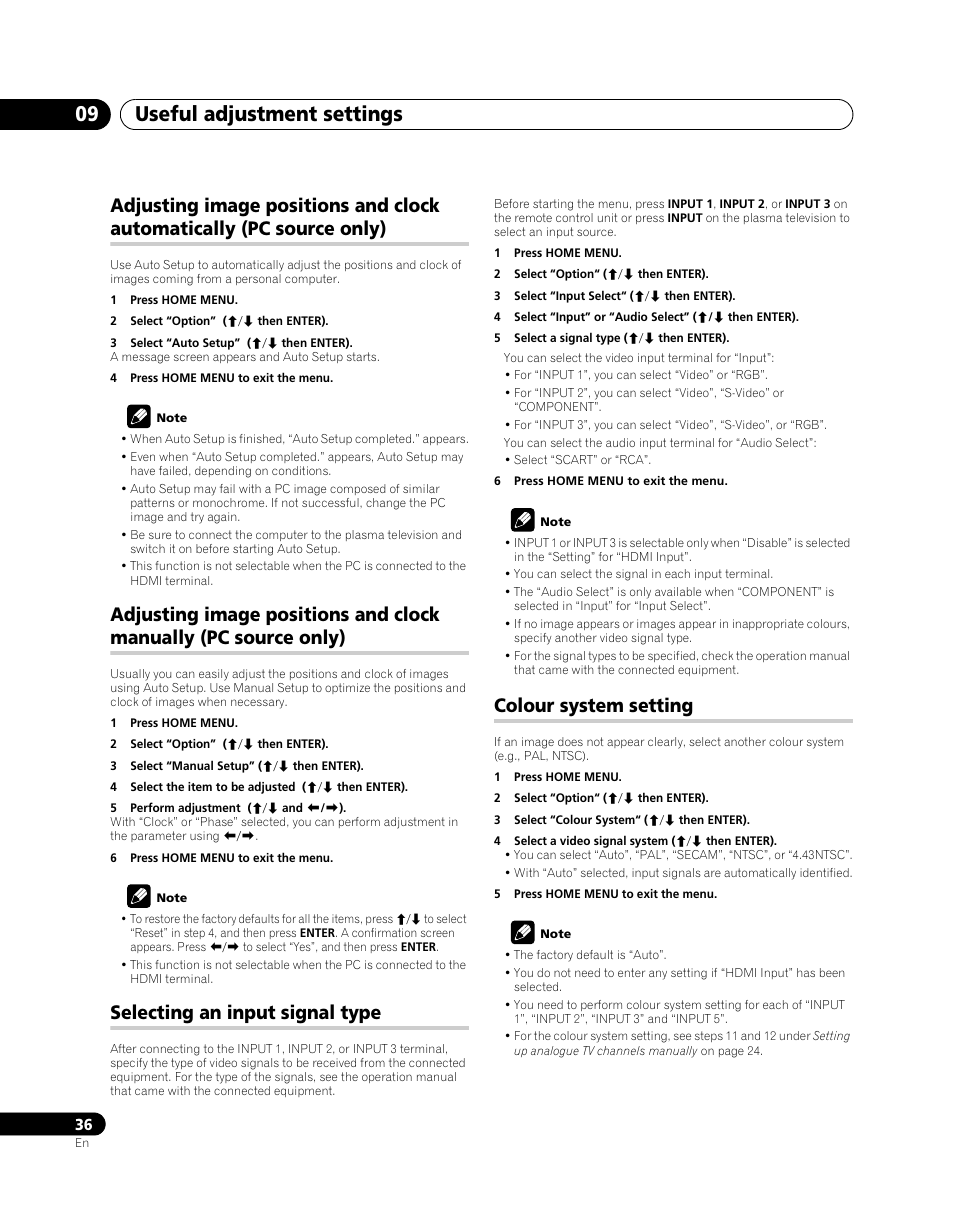 Adjusting image positions and clock automatically, Pc source only), Adjusting image positions and clock manually | Selecting an input signal type, Colour system setting, Useful adjustment settings 09 | Pioneer PDP-5080XA User Manual | Page 36 / 362