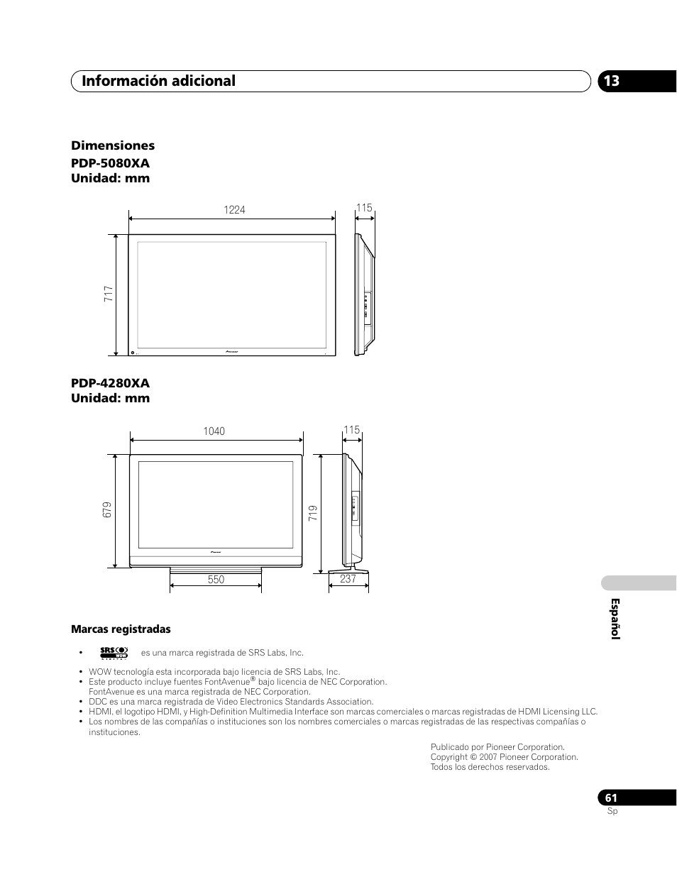 Información adicional 13 | Pioneer PDP-5080XA User Manual | Page 361 / 362