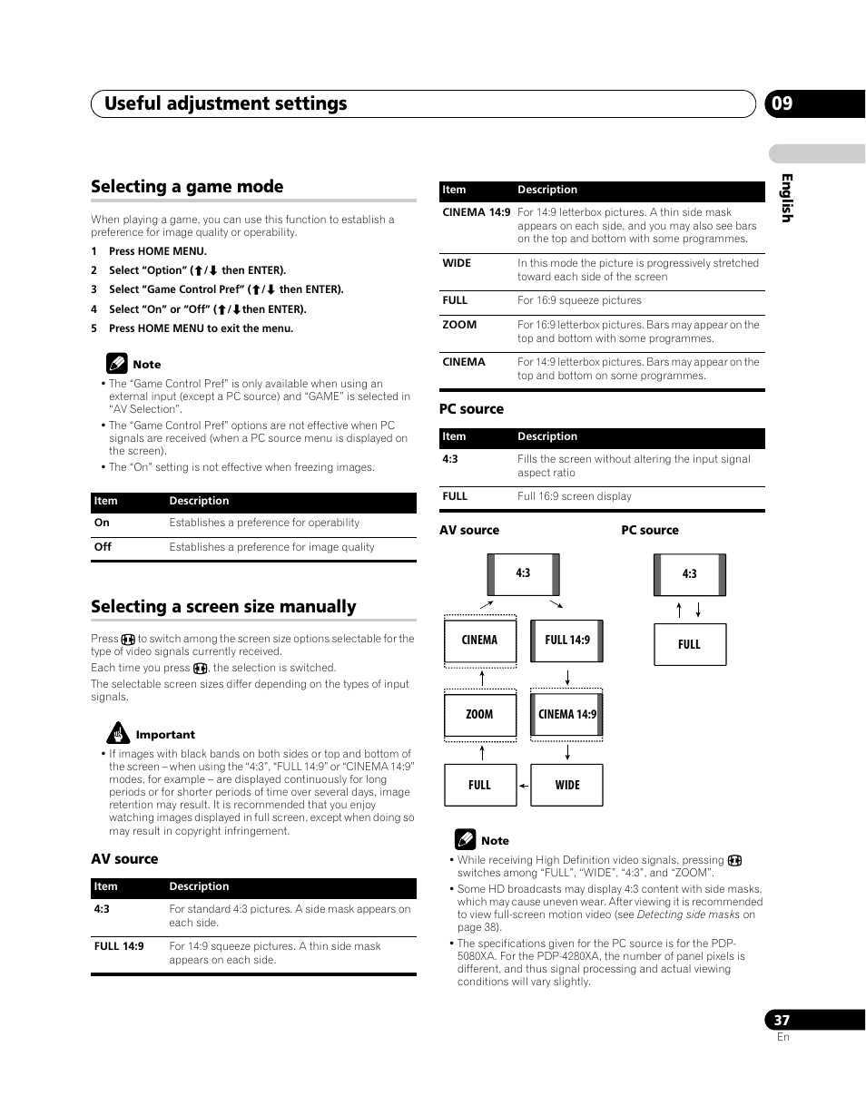 Selecting a game mode, Selecting a screen size manually, Useful adjustment settings 09 | Pioneer PDP-5080XA User Manual | Page 37 / 362