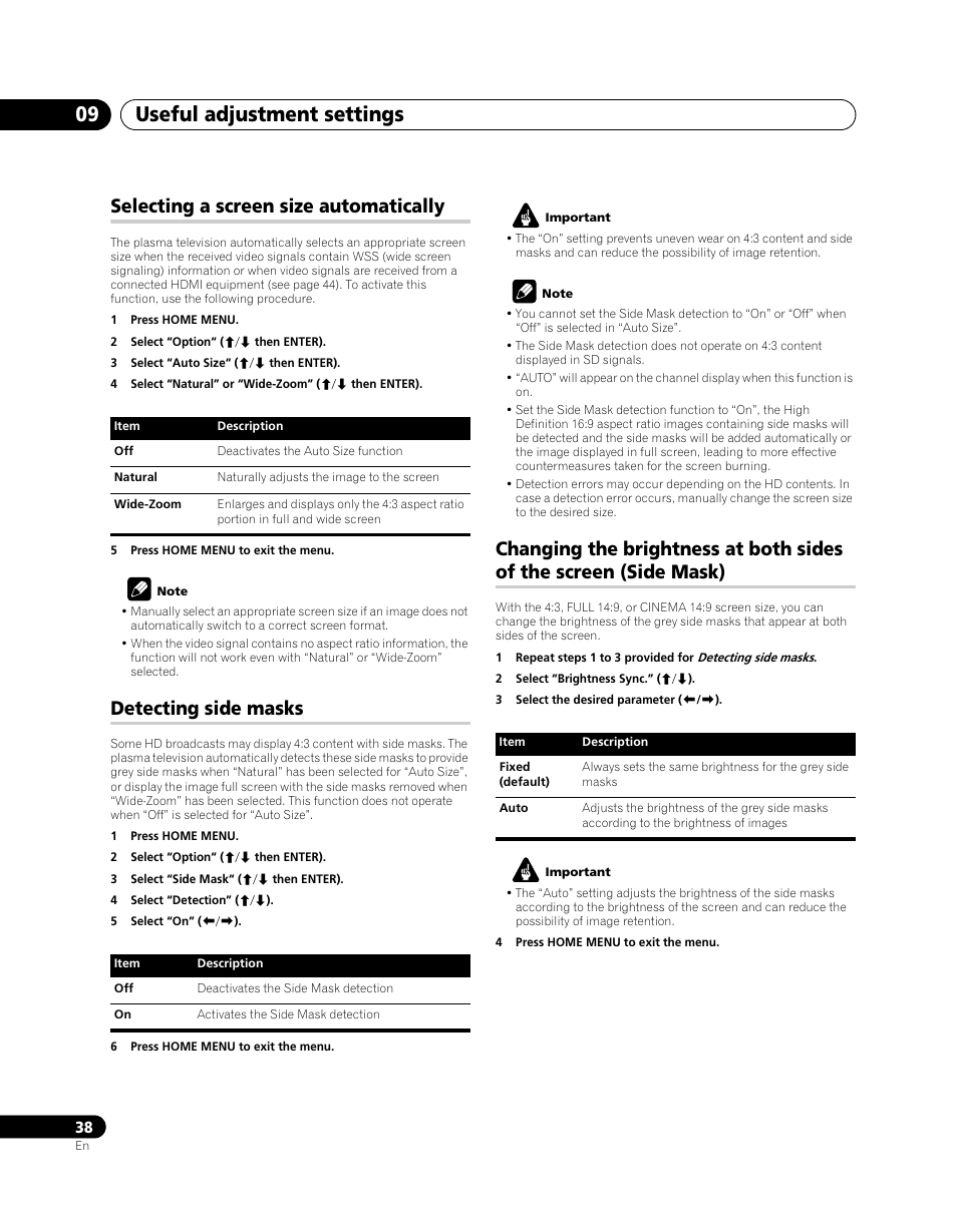 Selecting a screen size automatically, Detecting side masks, Side mask) | Detecting, Useful adjustment settings 09 | Pioneer PDP-5080XA User Manual | Page 38 / 362
