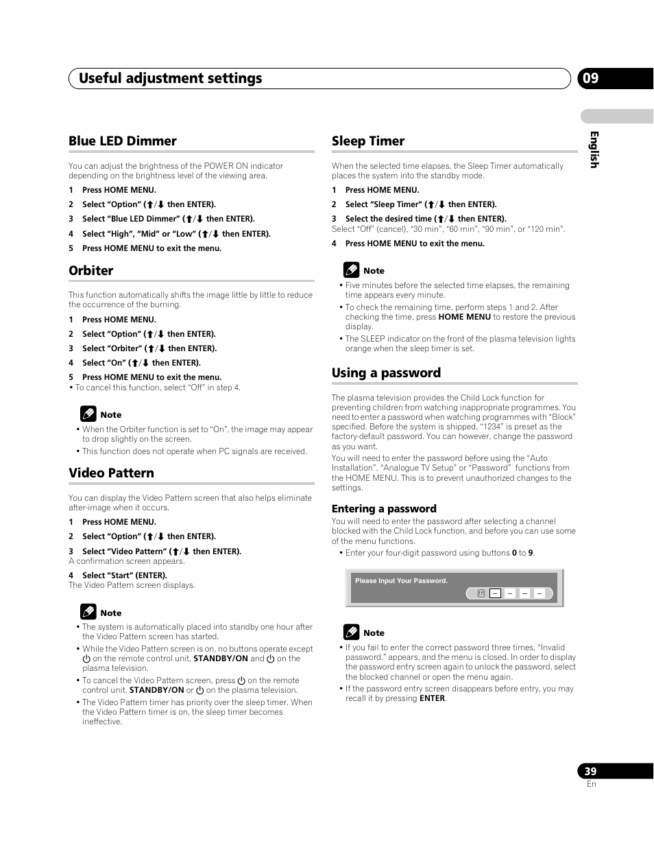 Blue led dimmer, Orbiter, Video pattern | Sleep timer, Using a password, Useful adjustment settings 09 | Pioneer PDP-5080XA User Manual | Page 39 / 362