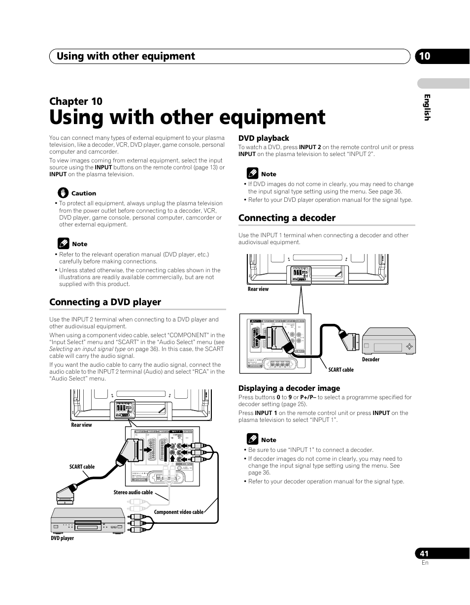 10 using with other equipment, Connecting a dvd player, Connecting a decoder | Using with other equipment, Using with other equipment 10, Chapter 10 | Pioneer PDP-5080XA User Manual | Page 41 / 362