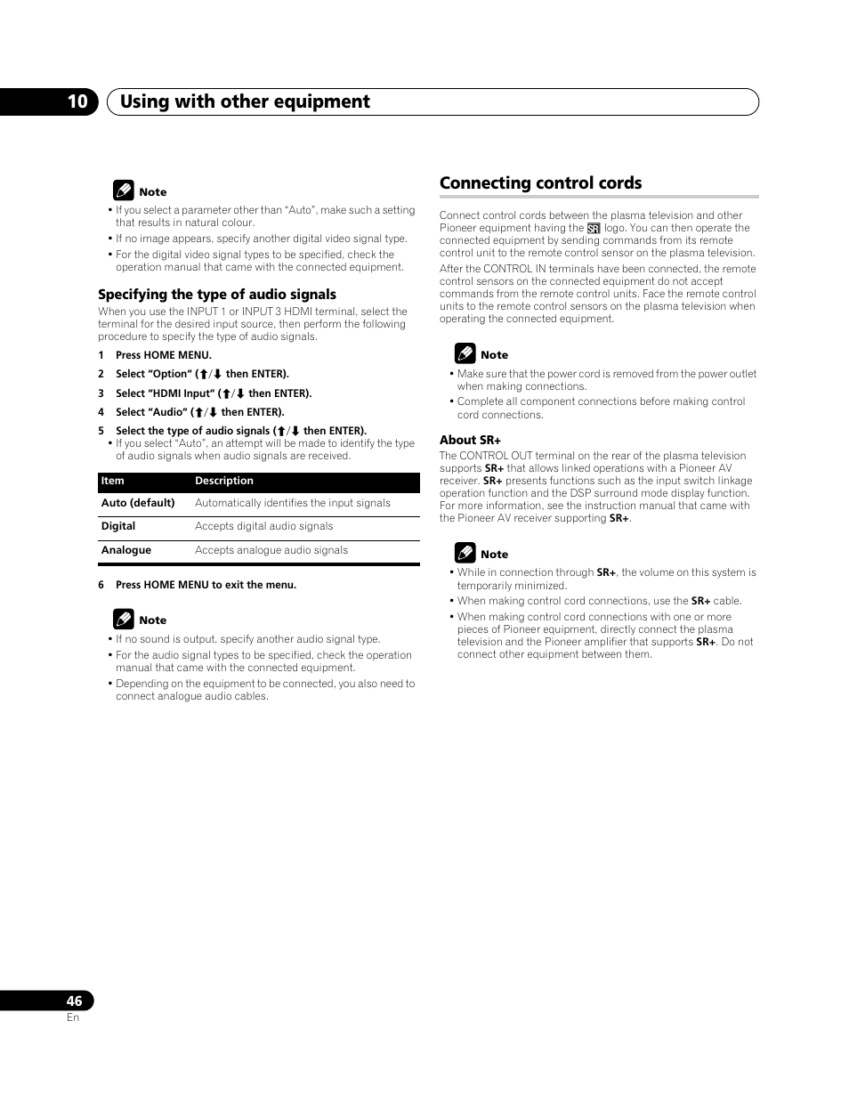 Connecting control cords, Using with other equipment 10 | Pioneer PDP-5080XA User Manual | Page 46 / 362