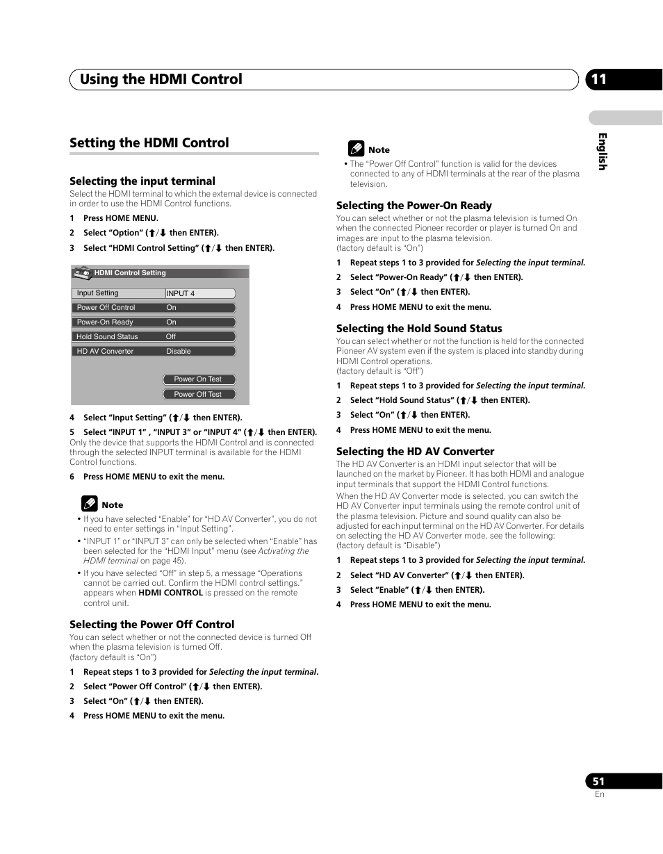 Setting the hdmi control, Using the hdmi control 11 | Pioneer PDP-5080XA User Manual | Page 51 / 362