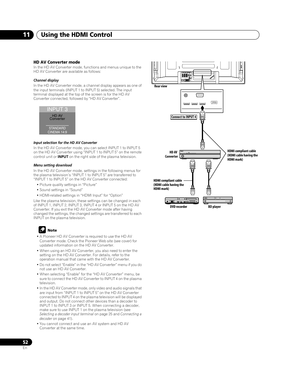Using the hdmi control 11, Input 3 | Pioneer PDP-5080XA User Manual | Page 52 / 362