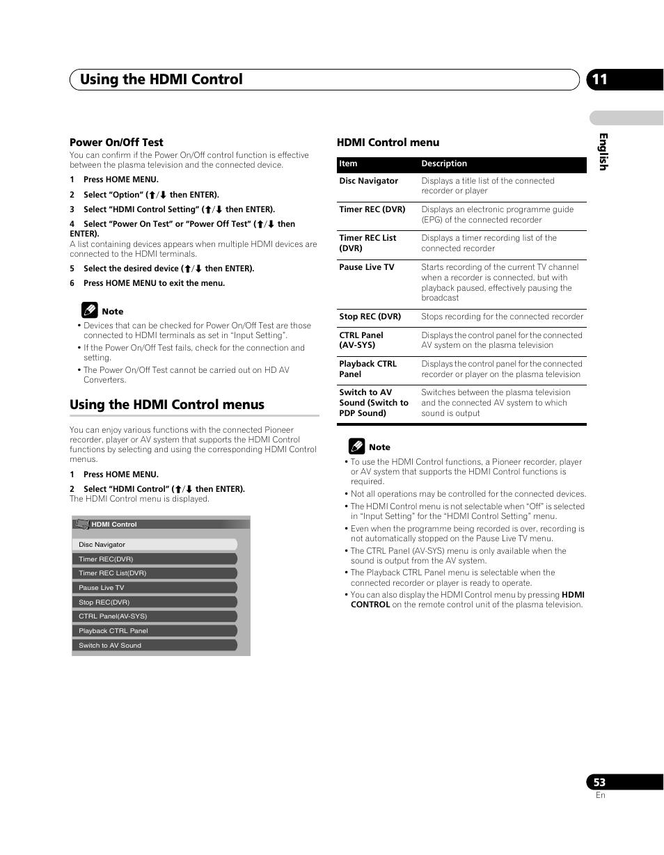 Using the hdmi control menus, Using the hdmi control 11 | Pioneer PDP-5080XA User Manual | Page 53 / 362