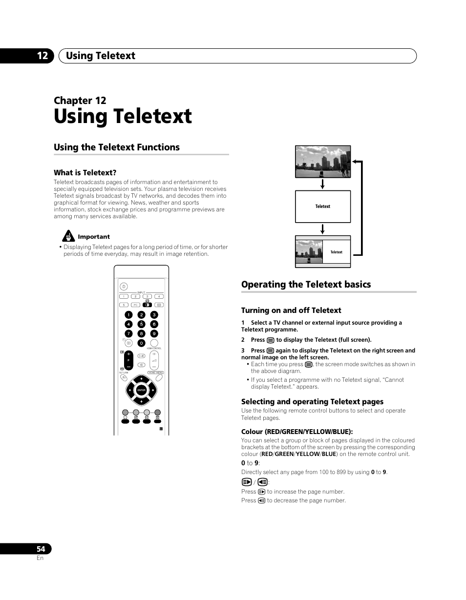 12 using teletext, Using the teletext functions, Operating the teletext basics | Using teletext, Using teletext 12, Chapter 12 | Pioneer PDP-5080XA User Manual | Page 54 / 362