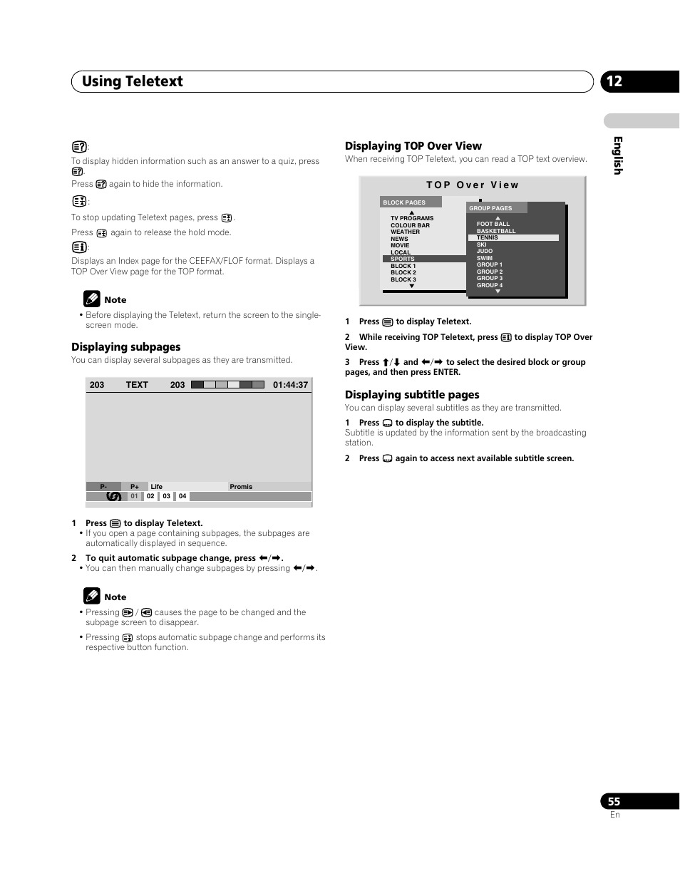 Using teletext 12 | Pioneer PDP-5080XA User Manual | Page 55 / 362