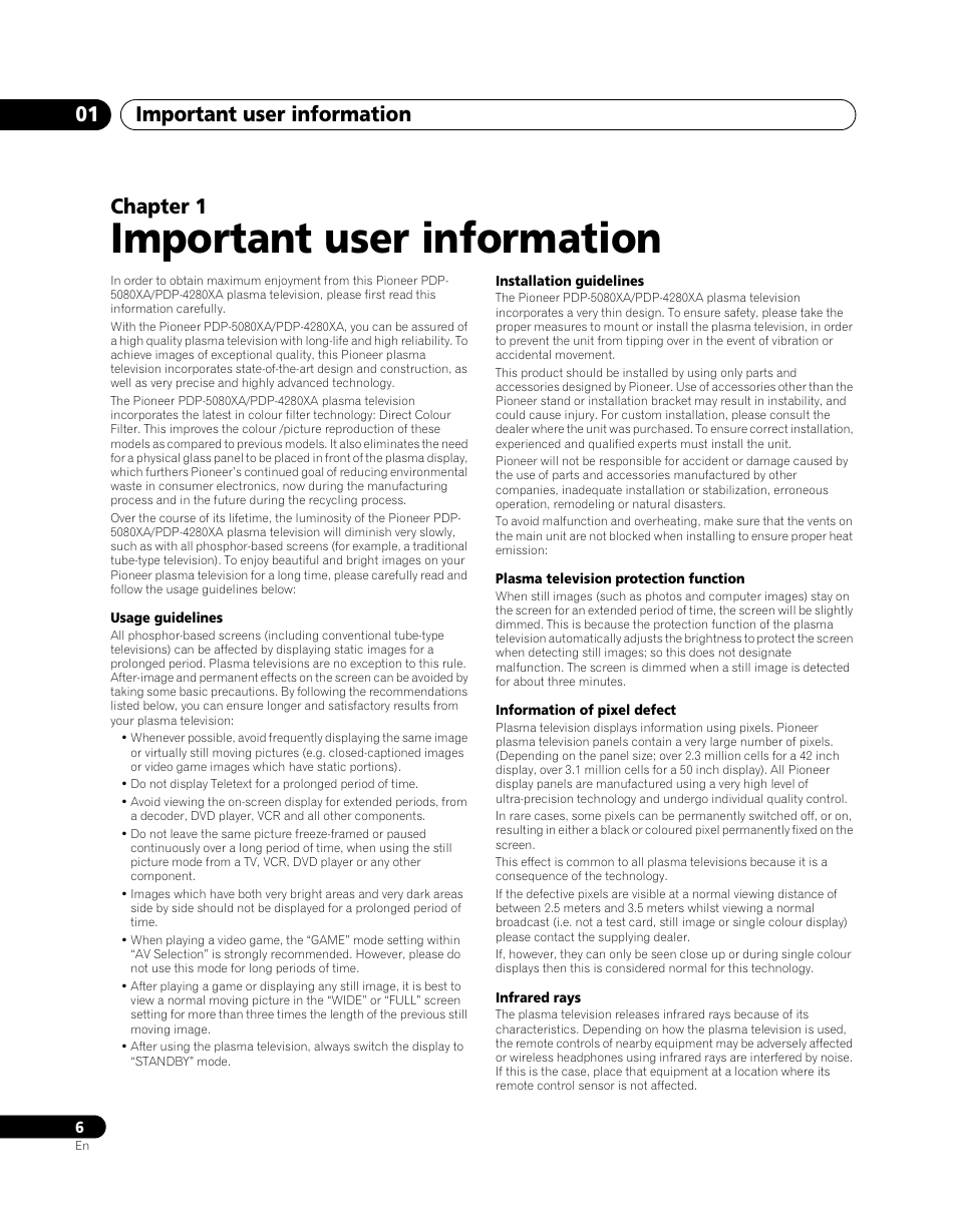 01 important user information, Important user information, Important user information 01 | Chapter 1 | Pioneer PDP-5080XA User Manual | Page 6 / 362