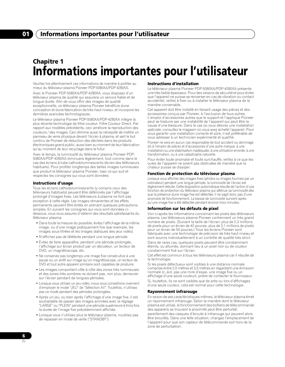 Informations importantes pour l’utilisateur, Informations importantes pour l’utilisateur 01, Chapitre 1 | Pioneer PDP-5080XA User Manual | Page 66 / 362