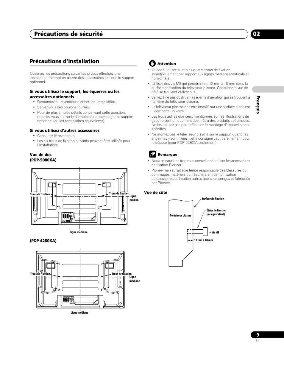 Précautions d’installation, Précautions de sécurité 02 | Pioneer PDP-5080XA User Manual | Page 69 / 362