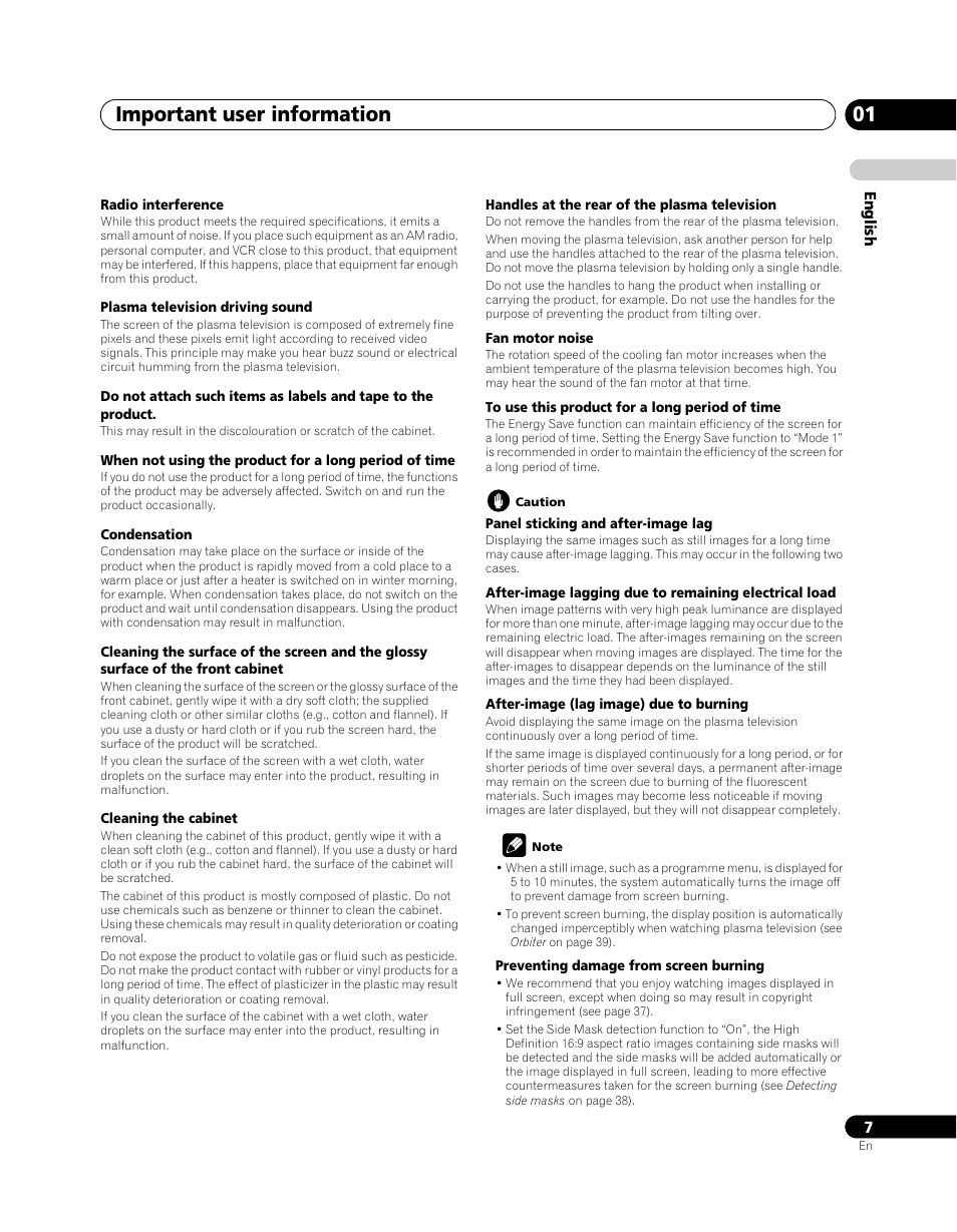 Important user information 01 | Pioneer PDP-5080XA User Manual | Page 7 / 362